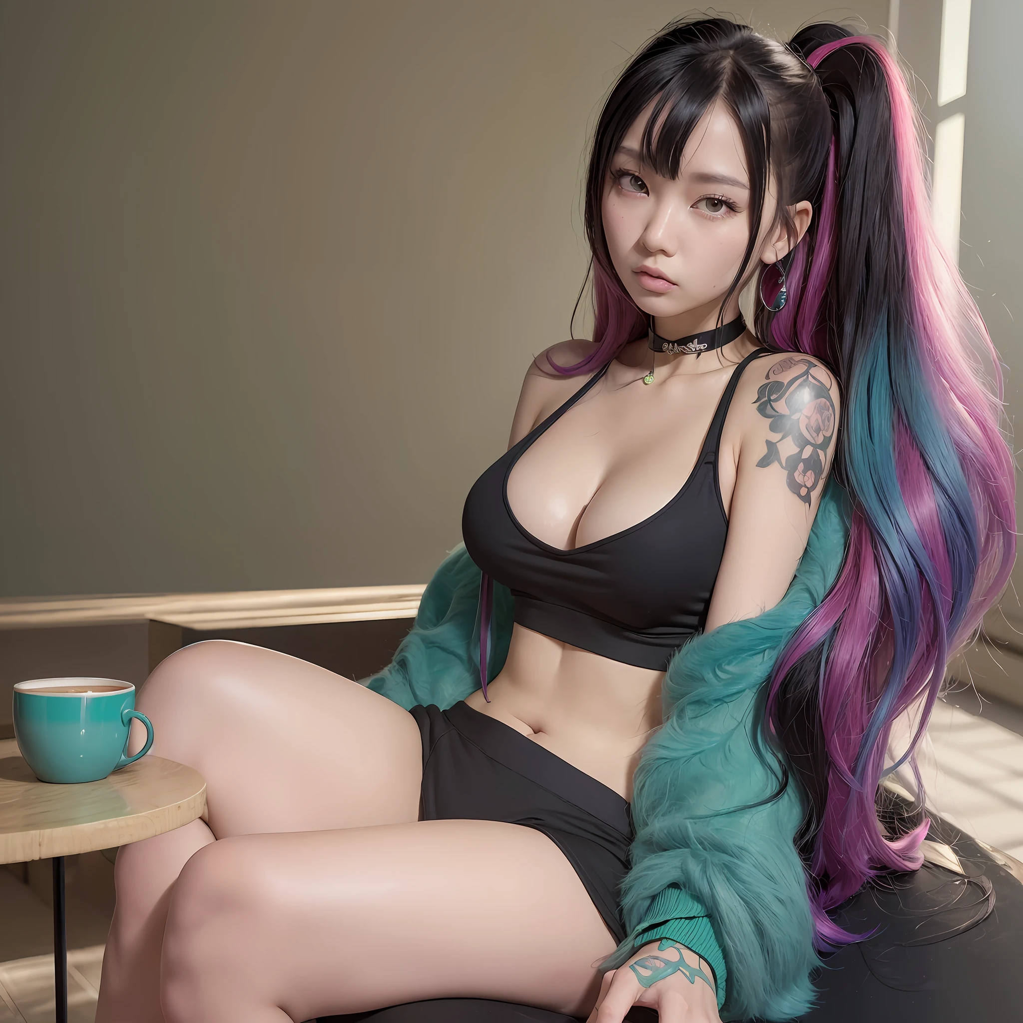 [(masterpiece, RAW photo, 8k, maximum quality, ultimate realistic, raytracing, unreal engine):1.4], a pretty korean female  with long emerald green and pink ombre hair, (wear black woman suit:1.2), (with crop tank-top inner:1.2), tattoos on her body, sit in caffe table and smoking, --v 4 --v 4 --q 2 --testtp --upbeta.