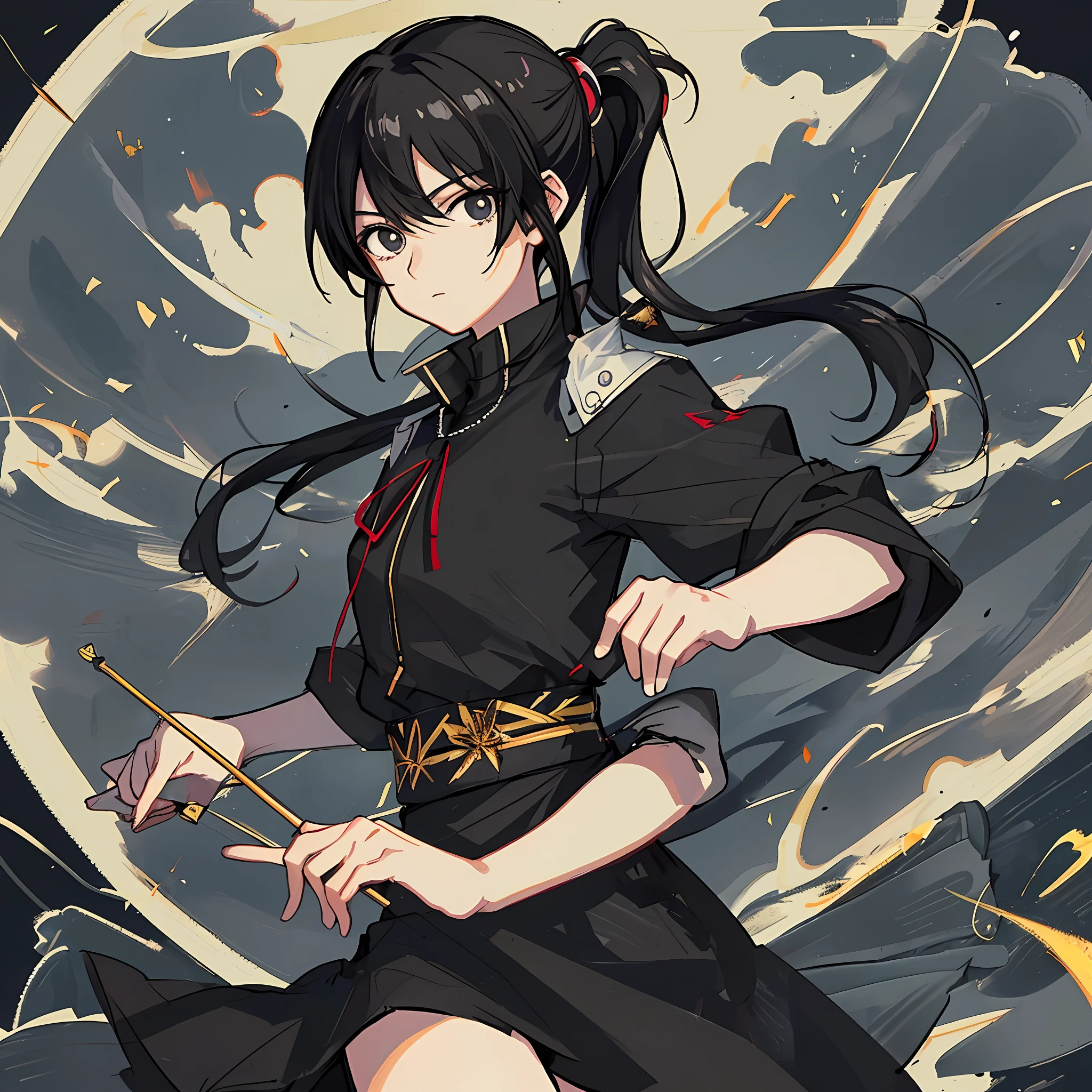 (Masterpiece), (Best Quality), (Super Detail),(Illustration), 1 Woman, Black Hair, Ponytail Hair, Black Clothing, by Yoshihiro Togashi, Manipulating Black Shadows.