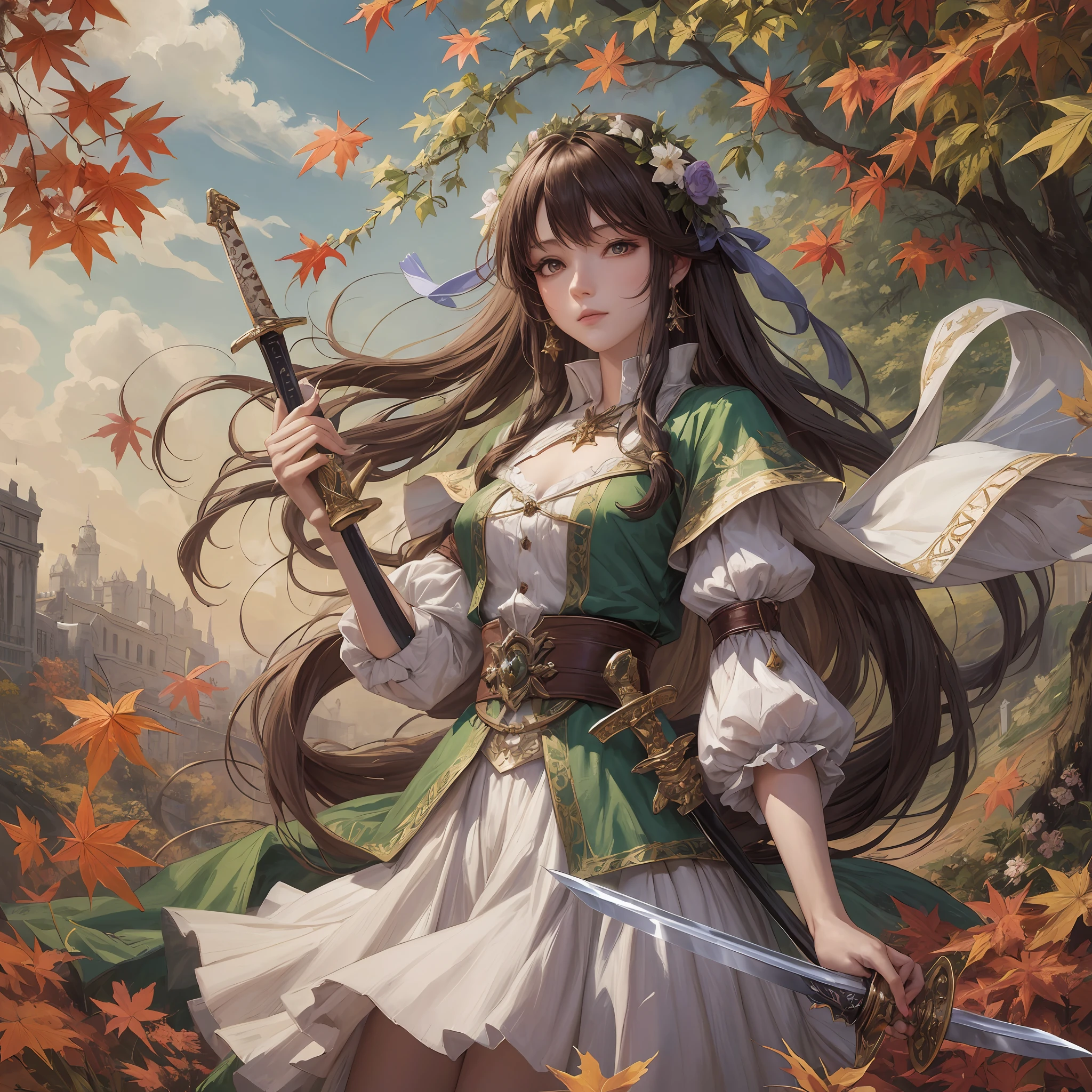 High detail, high quality, high quality, fairy painting style, swordsman, sword in hand, autumn wind --auto --s2