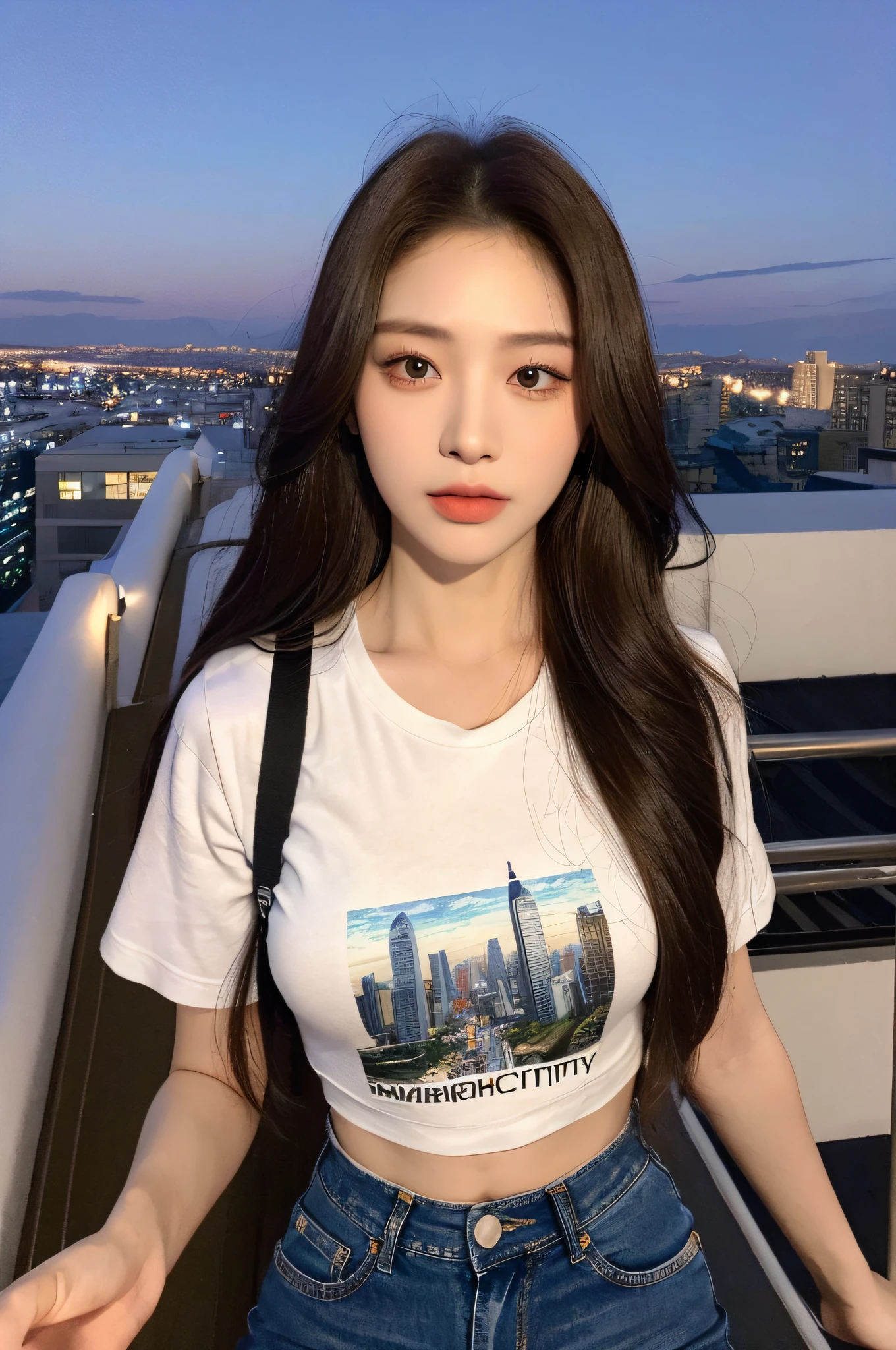 ((Midnight, Best quality, 8k, Masterpiece :1.3)), Whole body, Long legs, Sharp focus :1.2, A pretty woman with perfect figure :1.4, Slender abs :1.1, ((Dark brown hair, Big breasts :1.2)), (White tight tshirt, Jean bib, Standing:1.2), ((Night city view, Rooftop:1.3)), Highly detailed face and skin texture, Detailed eyes, Double eyelid