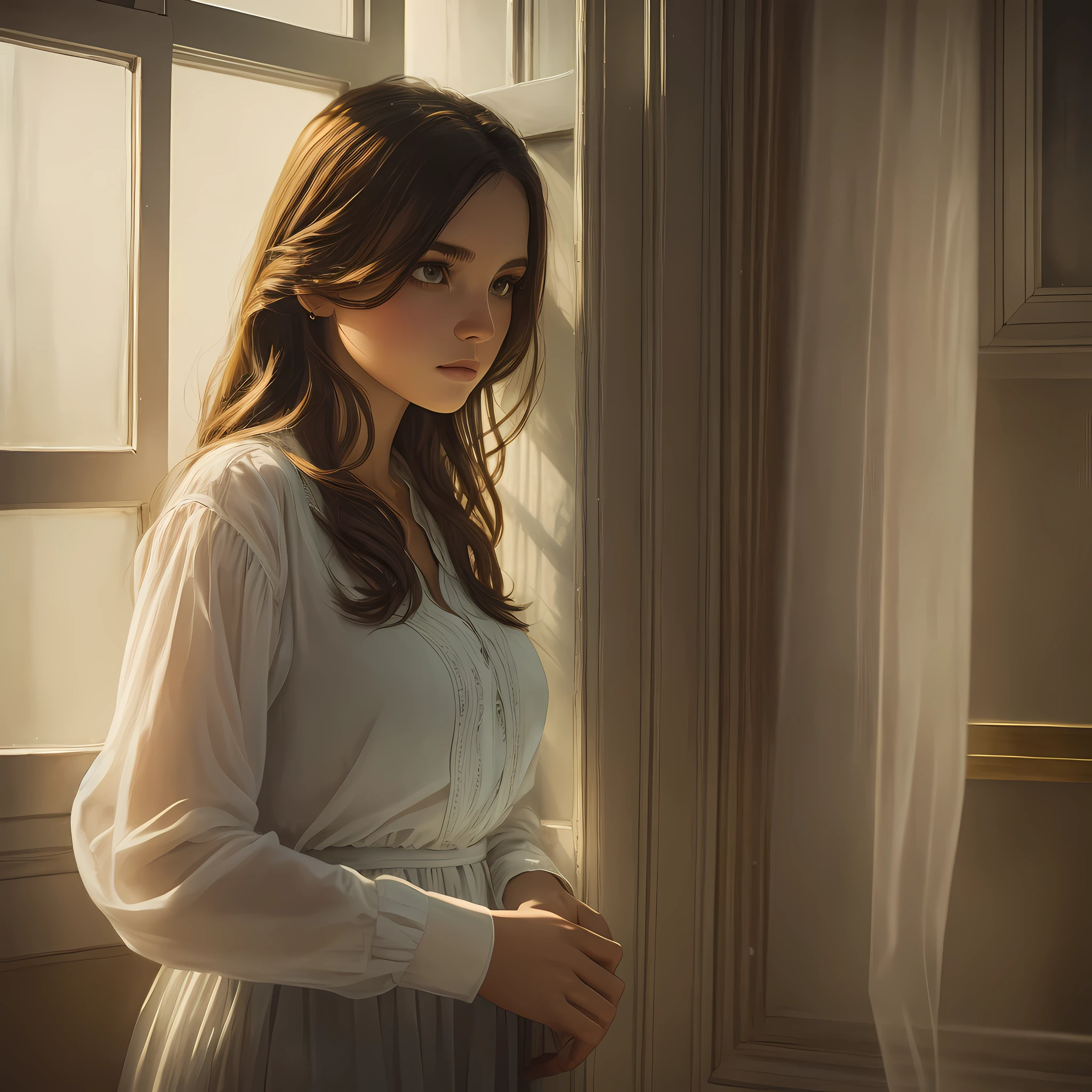 a beautiful young woman standing next to a window, a portrait by Elias Goldberg, featured on cg society, neo-romanticism, soft light, pretty, dramatic lighting