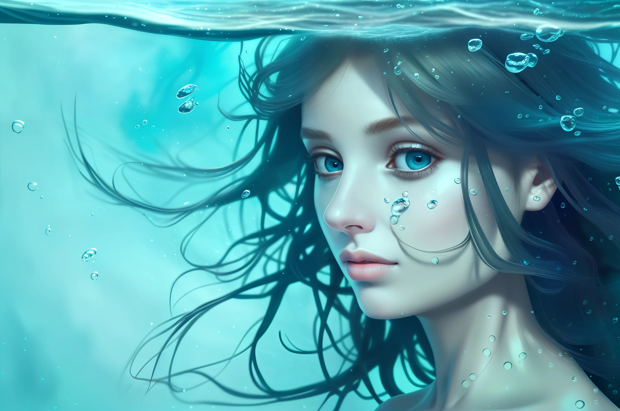 Masterpiece, realistic photo, face portrait of young 1 female, underwater swimming, nude photos, bare shoulders, beautiful detailed face, ((natural detailed hair movement underwater)), bubbles, vibrant, realistic, dramatic, clear focus, 8k