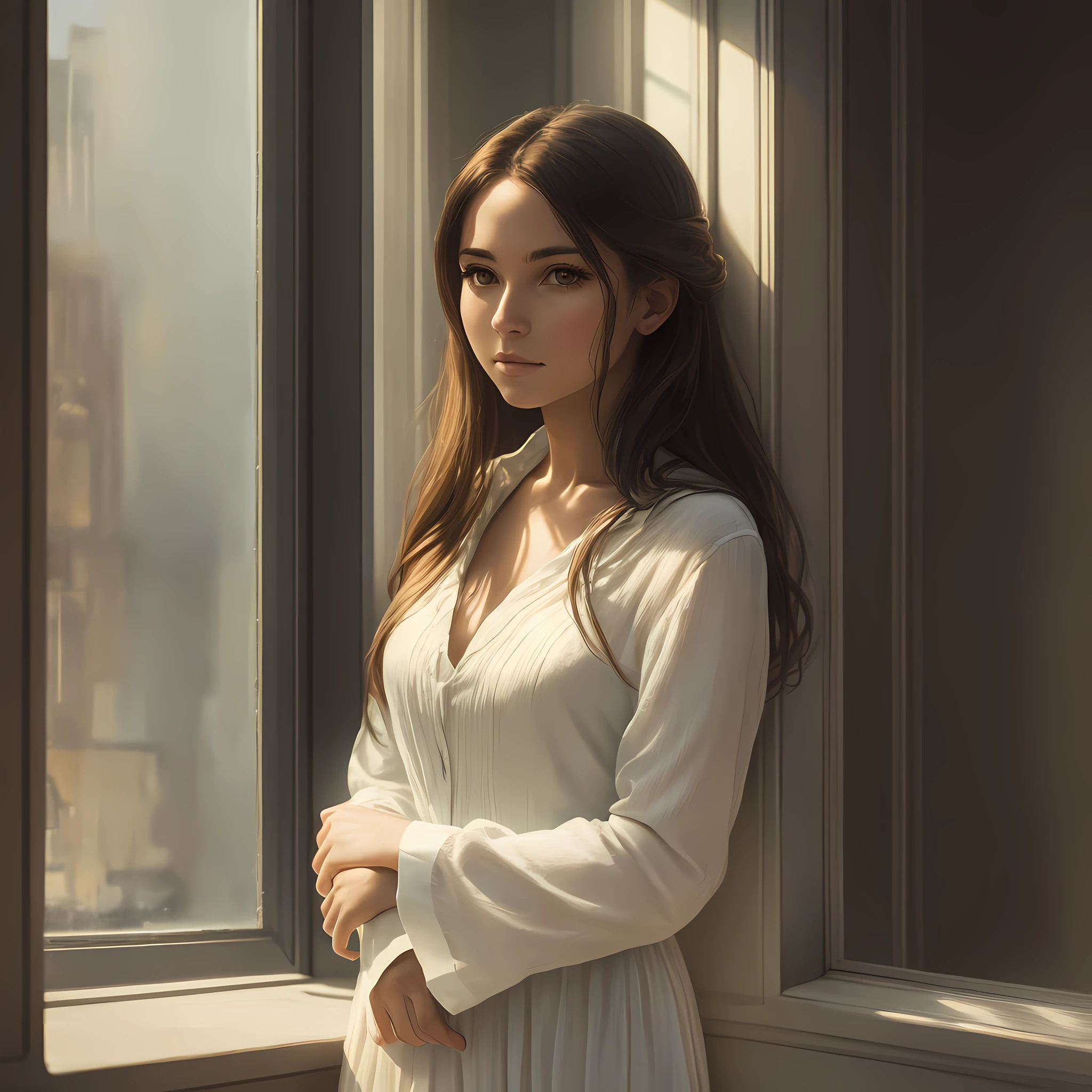a beautiful young woman standing next to a window, a portrait by Elias Goldberg, featured on cg society, neo-romanticism, soft light, pretty, dramatic lighting