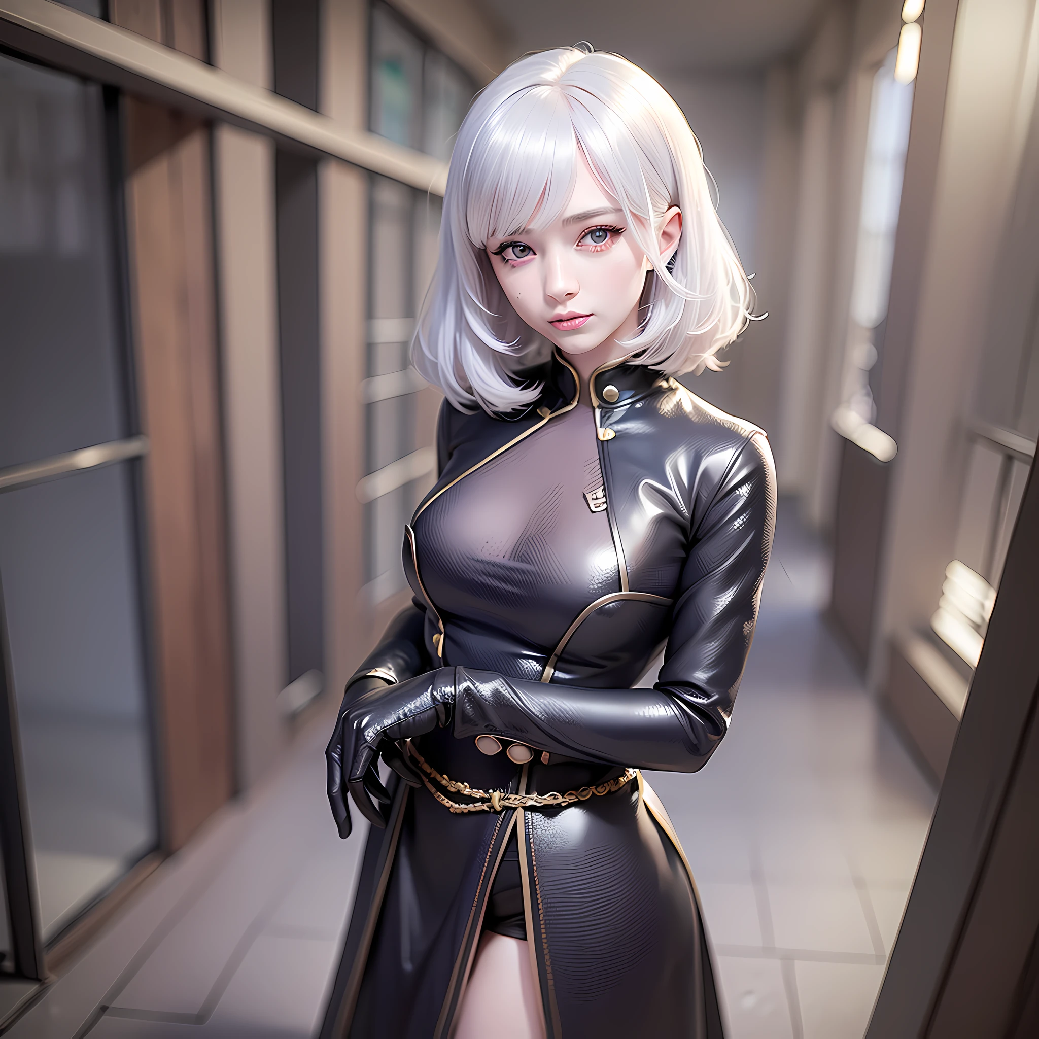 1girl, beautiful retro colors, instagram (realistic, high resolution: 1.4), (puffy eyes)), looking at the viewer, full body (8k, RAW photo, best quality, masterpiece: 1.2), (realistic, photorealistic photo: 1.37), (sharp focus: 1.2), professional lighting, photon mapping, radiosity, physically based rendering, (pale skin: 1.2), (small breast: 1.2), looking at the viewer, (medium hair: 1.5), portrait, purple pupils , (silver: 1.1), bangs, (simple background: 1.4), solo, upper body, realism, (masterpiece: 1.4), (best quality: 1.4), (fair skin), mage sister, makeup, smile (thin, shut up, shy: 1.3), (standing, black flight attendant uniform, necromancer: 1.1), medium bust, sexy pose,