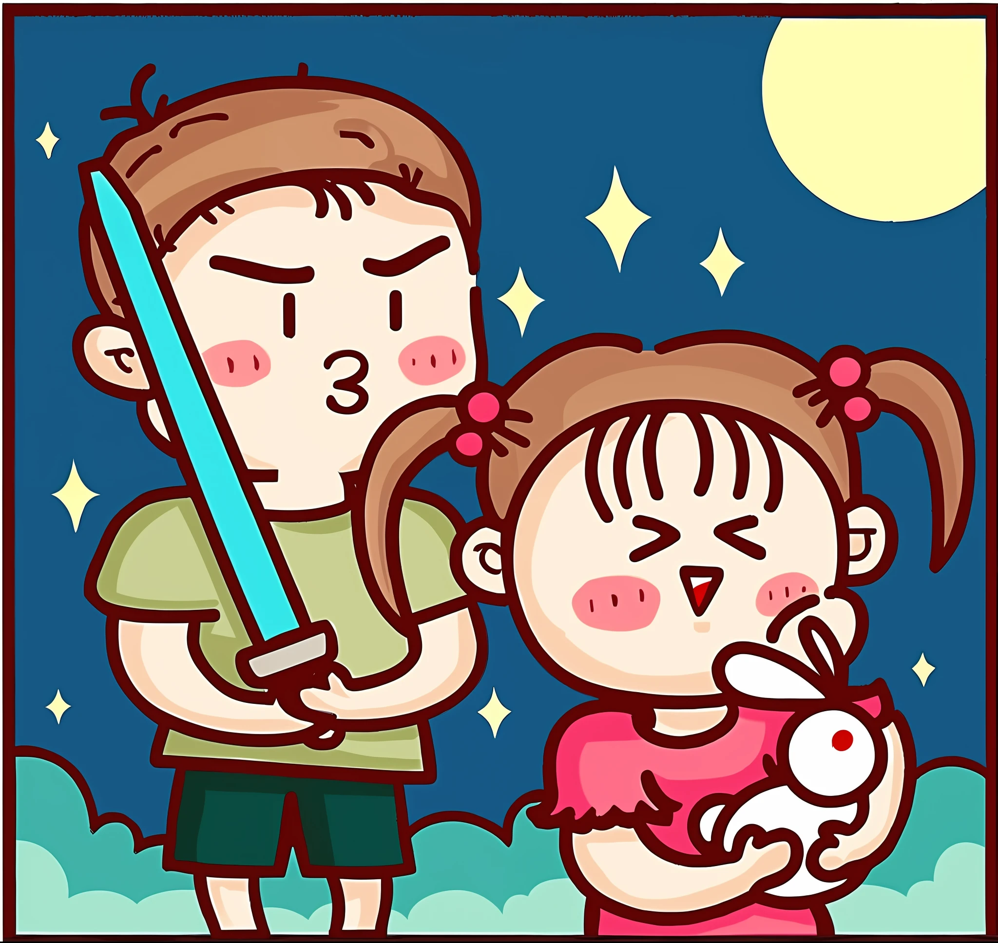 cartoon of a boy and girl holding a sword in the night, hand painted cartoon art style, illustrative story telling, cute cartoon, comic illustration, harsh fairy tale, children illustration, cartoonish vector style, by Okada Beisanjin, awesome, cartoonish cute, they are fighting very angry, japanese animation style, nights, cartoon painting, cartoon illustration --auto --s2