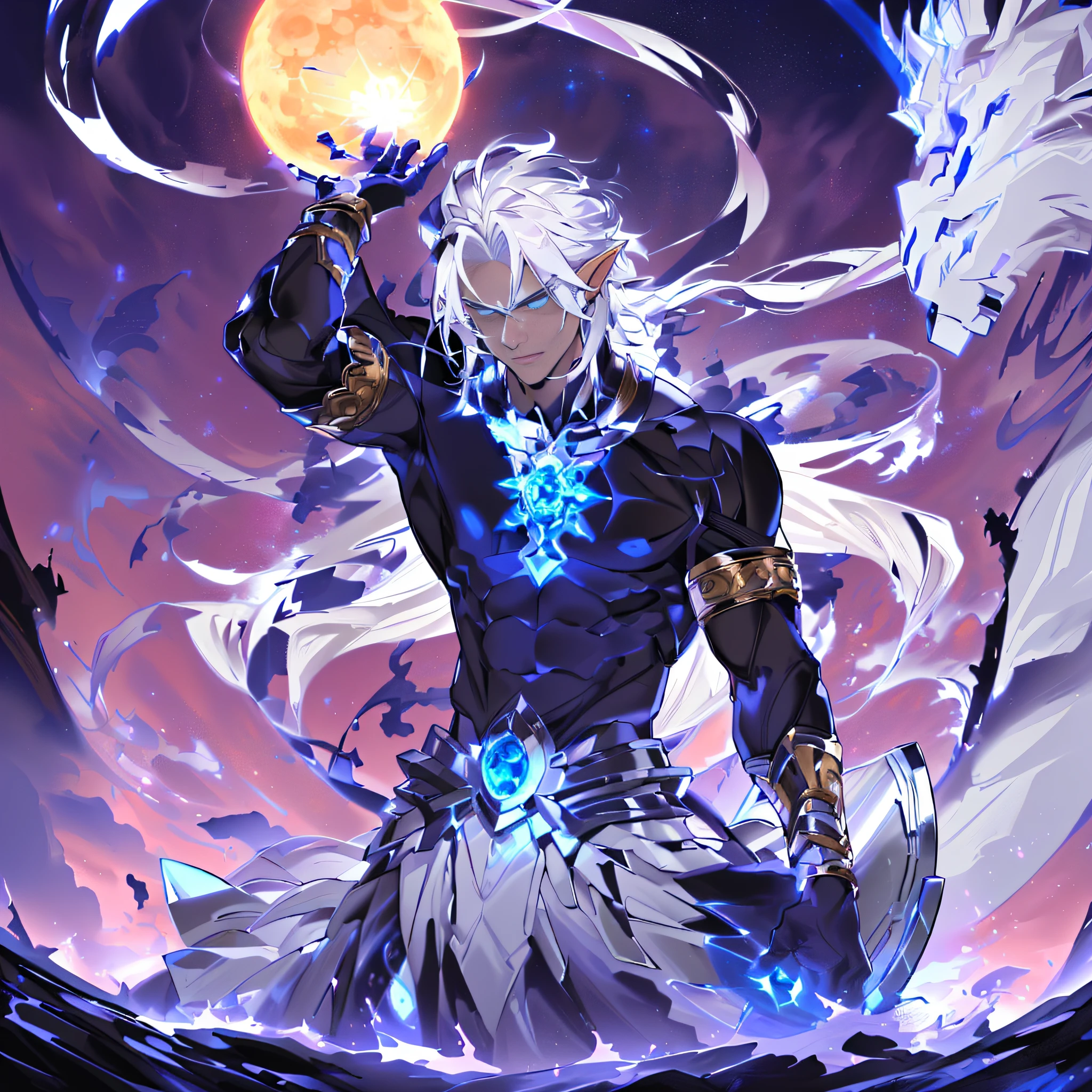 (A man holds a giant axe in his hand: 1.3), angry Zeus, god of the moon, epic anime of energy people, elven-human hybrid, skinny male fantasy alchemist, white-haired god, Greek god, attractive male god, human male demon, Zeus god, sun god, male human demon hybrid