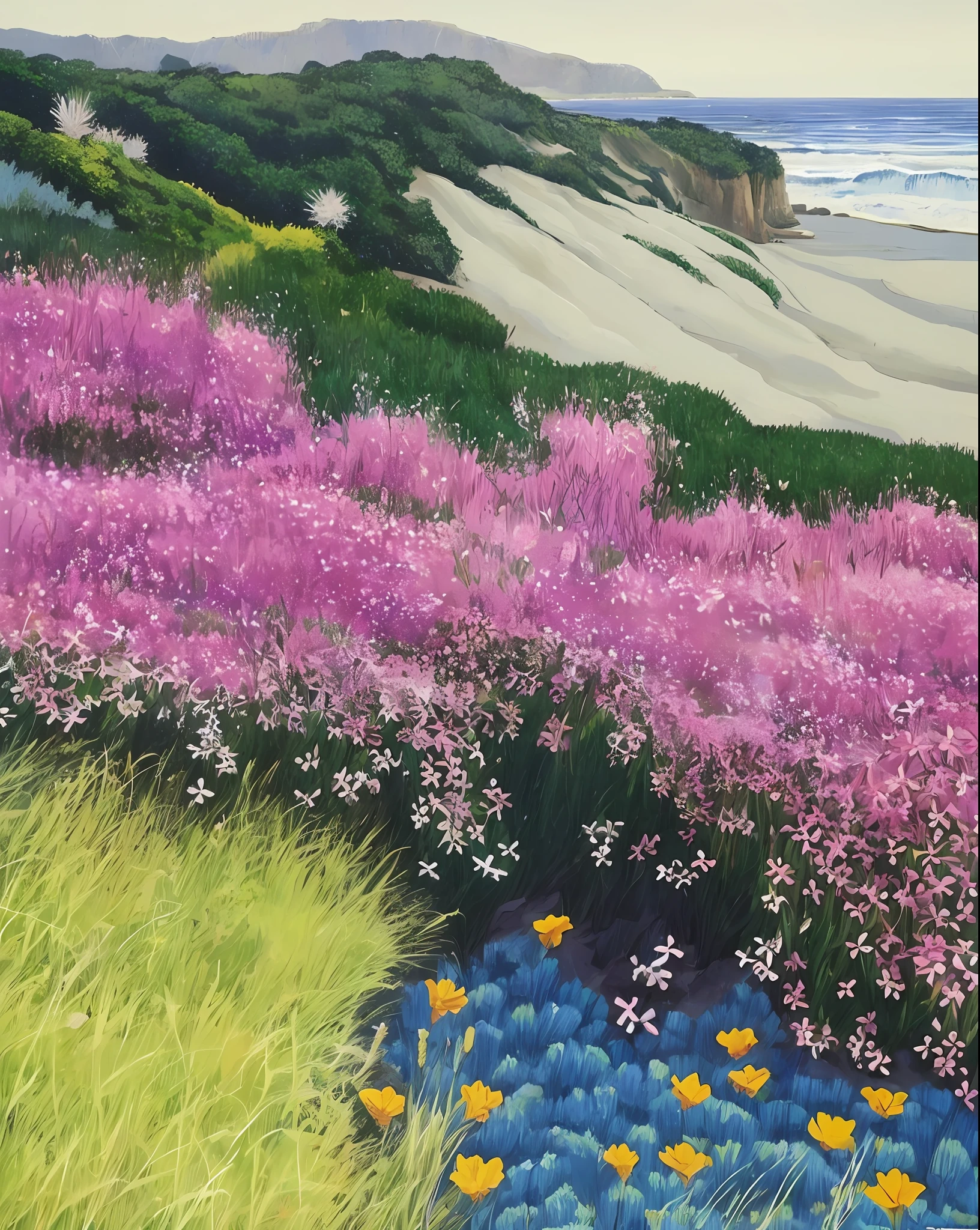 painting of a beach with flowers and a cliff in the background, by Jerry Weiss, on the coast, pink grass, near the seashore, near the sea, by Doris Blair, wildflowers and grasses, flowers sea everywhere, by Don Reichert, by Richard Sedlon, in gouache detailed paintings, beach landscape, by Dorothy Hood, david hardy
