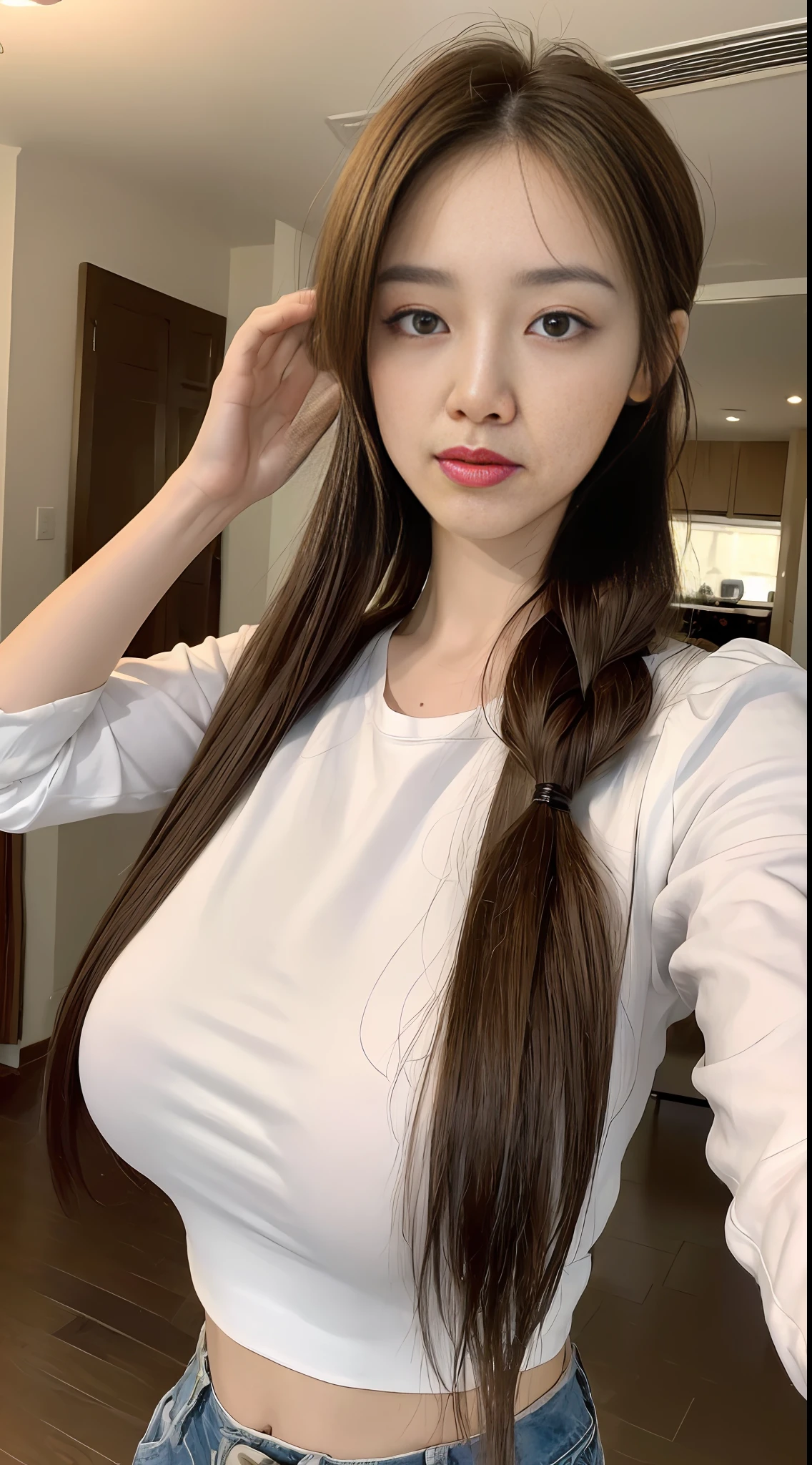 ((Best quality, 8k, Masterpiece :1.3)), 1girl, Pretty woman with emphasizing slender abs :1.3, (random hairstyles, gigantic breasts :1.2), Casual outfit :1.2, Indoor, Ultra-detailed face, Detailed eyes, Double eyelid