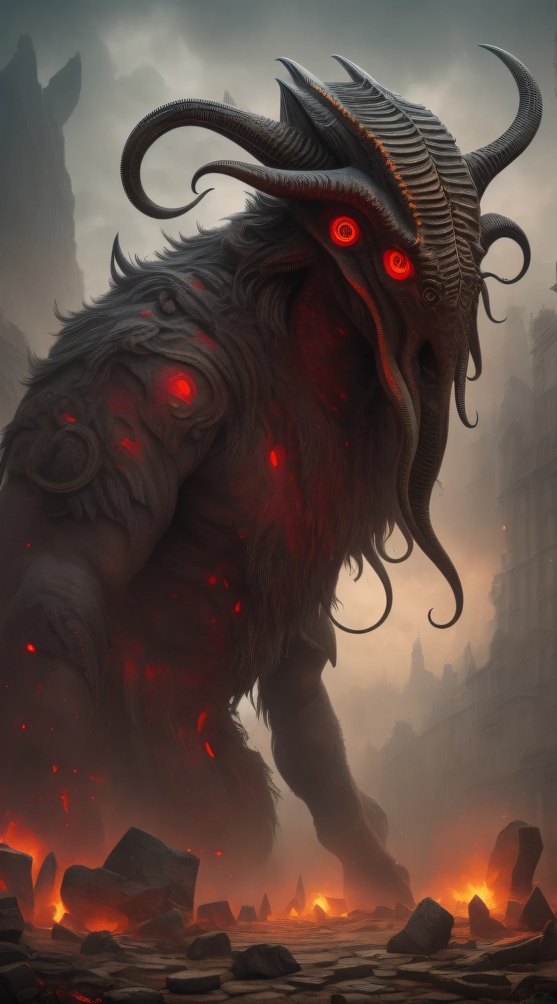 Cthulhu style, giant minotaur in smog, red eyes staring at man on the ground, giant axe in hand, mysterious runes glow on the body, terrifying atmosphere, full body drawing, illustration, surrealism, ultra hd, masterpiece, ccurate, textured skin, super detail, high detail, high quality, high quality, award-winning, best quality, masterpiece, anatomically correct, textured skin, super detail, high detail, high quality, award-winning, best quality --auto --s2