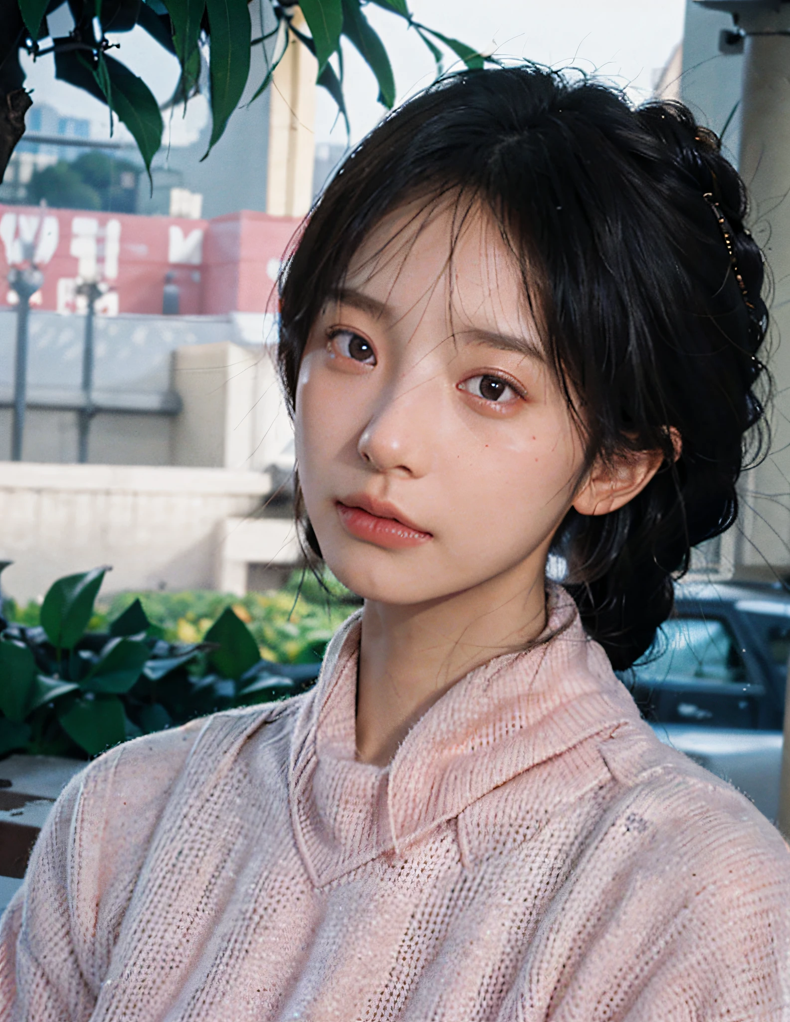 8k, RAW photo, best quality, masterpiece, high detail RAW color photo, professional photograph, (realistic, photorealistic:1.37), (high detailed skin:1.2), high resolution, beautiful detailed eyes, (hard focus:1.4), (sharp focus:1.4),
realistic , (8K UHD:1.2) , photoreaslistic
High quality shadow,
parted_lips, slender face,
(wavy hair), Half-up top knot, Crown braid, Pink eye color, suggestive look,
(extremeface closeup), pov, (((depth of field))), pale and lustrous skin,
Cropped cowl neck sweater,
30yo age,
buruma,
Rooftop,
bokeh, lens flare, (vignette:0.8), dramatic lighting, cinematic lighting, back light, professional lighting, physically-based rendering, ulzzang-6500-v1.1, pureerosface_v1.