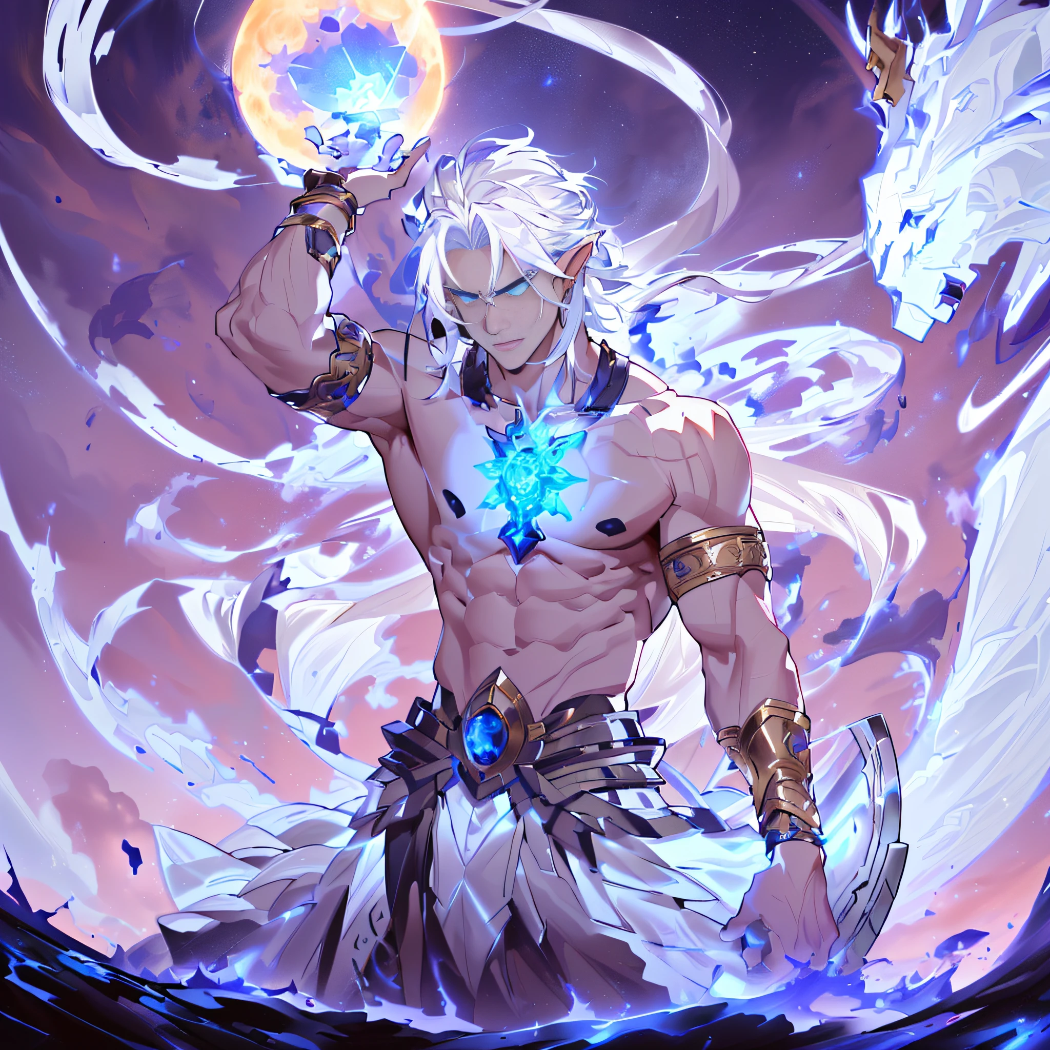 (A man holds a giant axe in his hand: 1.3), angry Zeus, god of the moon, epic anime of energy people, elven-human hybrid, skinny male fantasy alchemist, white-haired god, Greek god, attractive male god, human male demon, Zeus god, sun god, male human demon hybrid