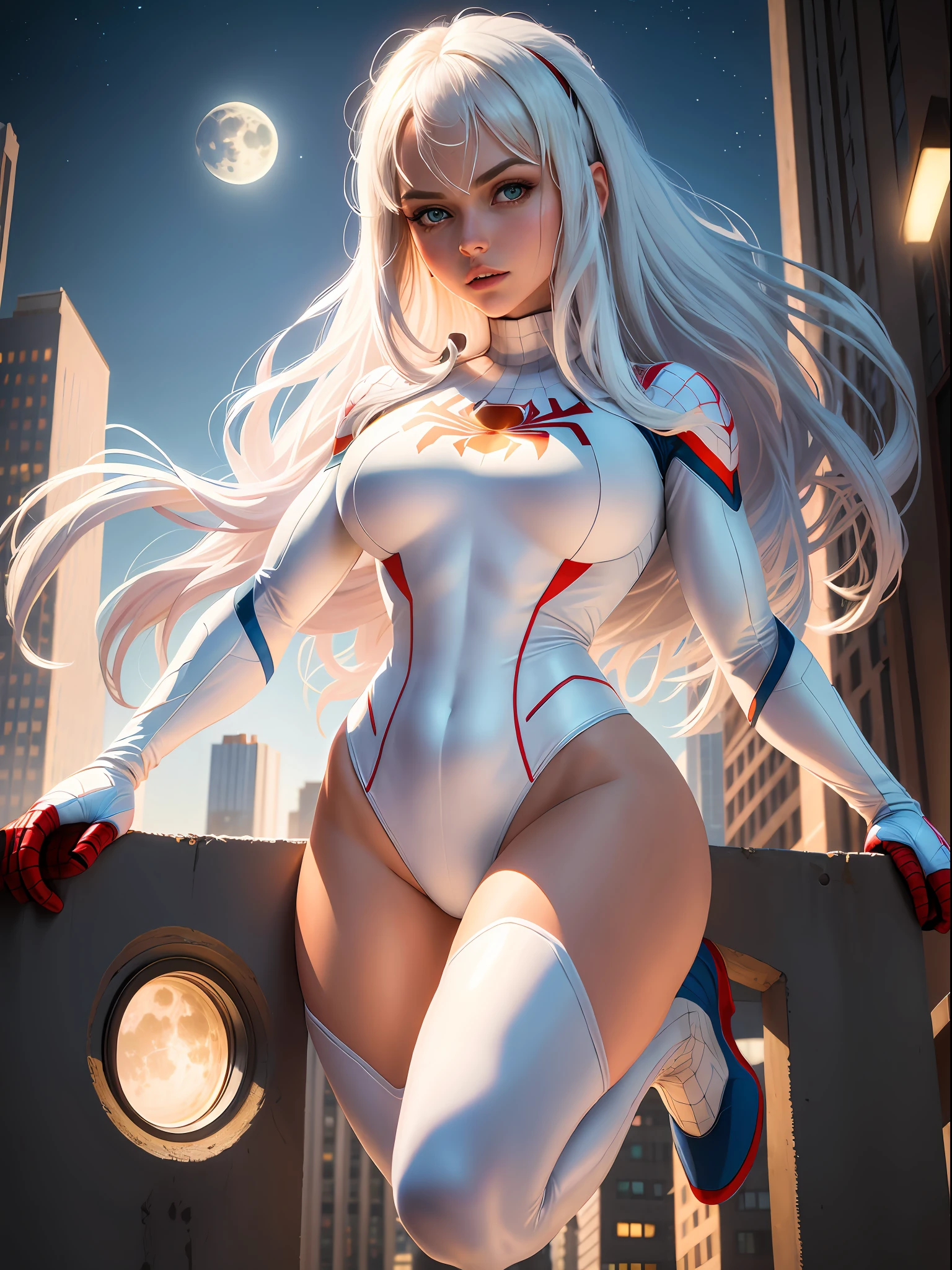 (Masterpiece, 4k resolution, ultra-realistic, very detailed), (White superhero theme, charismatic, there is a girl on top of the city, wearing Spider-Man costume, she is a superhero), [ (( 25 years old), (long white hair:1.2), full body, (blue eyes:1.2), ((Spider-Man pose),show of strength, jumping from one building to another), ((sandy urban environment): 0.8)| (cityscape, at night, dynamic lights), (full moon))] # Explanation: Prompt mainly describes a 4K ultra-high definition painting, very realistic, very detailed. It shows a female superhero on top of the city, wearing a Spider-Man suit. The theme in the painting is a white superhero theme, the female protagonist has long white hair, she is 25 years old, and her whole body is shown in the painting. In terms of portraying the actions of superheroines, spiders are employed