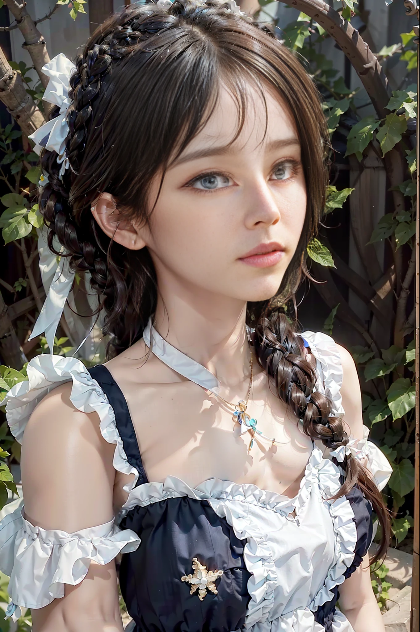 best quality, ultra hi res, photoreaslistic, a photography of a beautiful woman, 30yo teen age, detailed face, black Messy fishtail braid, (detailed porcelain doll,delicate clothes with a lot of frills and ribbons), Beach, (face close up), seductive look, looking at viewer