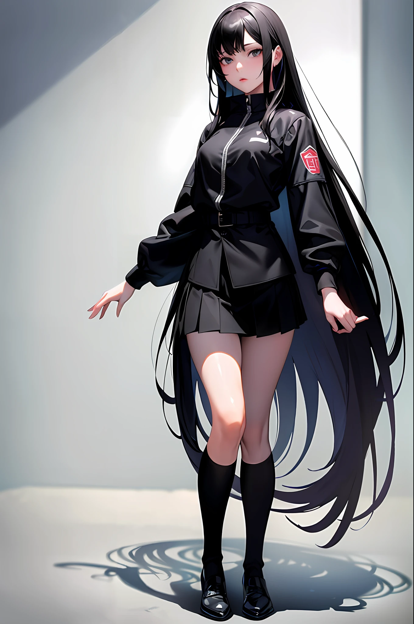 ((masterpiece, best_quality)), 1girl, (photorealistic:1.4),  solo, white_background, black_hair, long_hair,   zettai_ryouiki, skirt, ((full_body)),