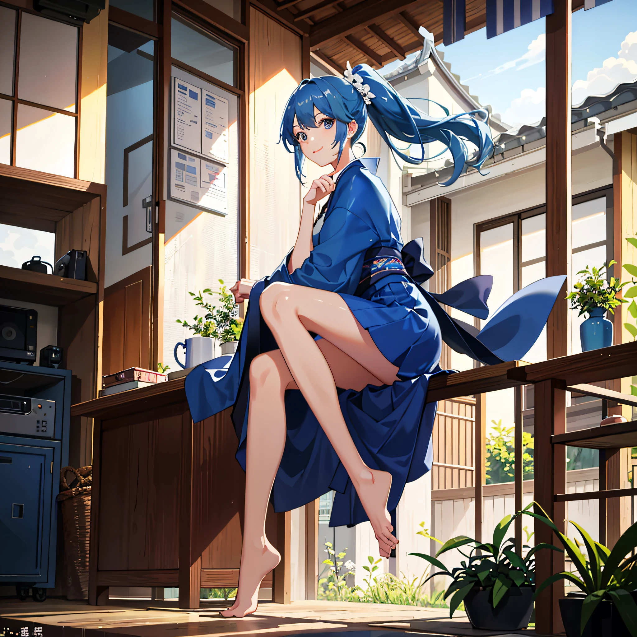 (Best Quality),Girl,1 Person,Delicate Beautiful Face,Five Fingers,Blue Hair,Diagonal Ponytail,Everyday Clothes,Bare Feet,Skirt,Gentle Expression、Smile,Cross Your Legs,Dynamic Pose,Yukata,Backlight,