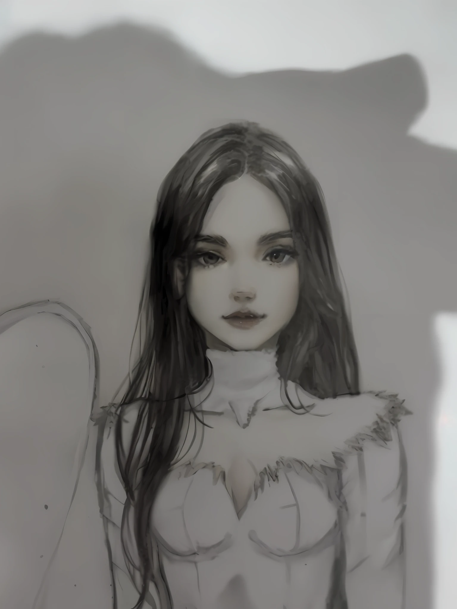 Dark brown hair, brown eyes, white skin, heroin costume, gold and white, white fur on bust
