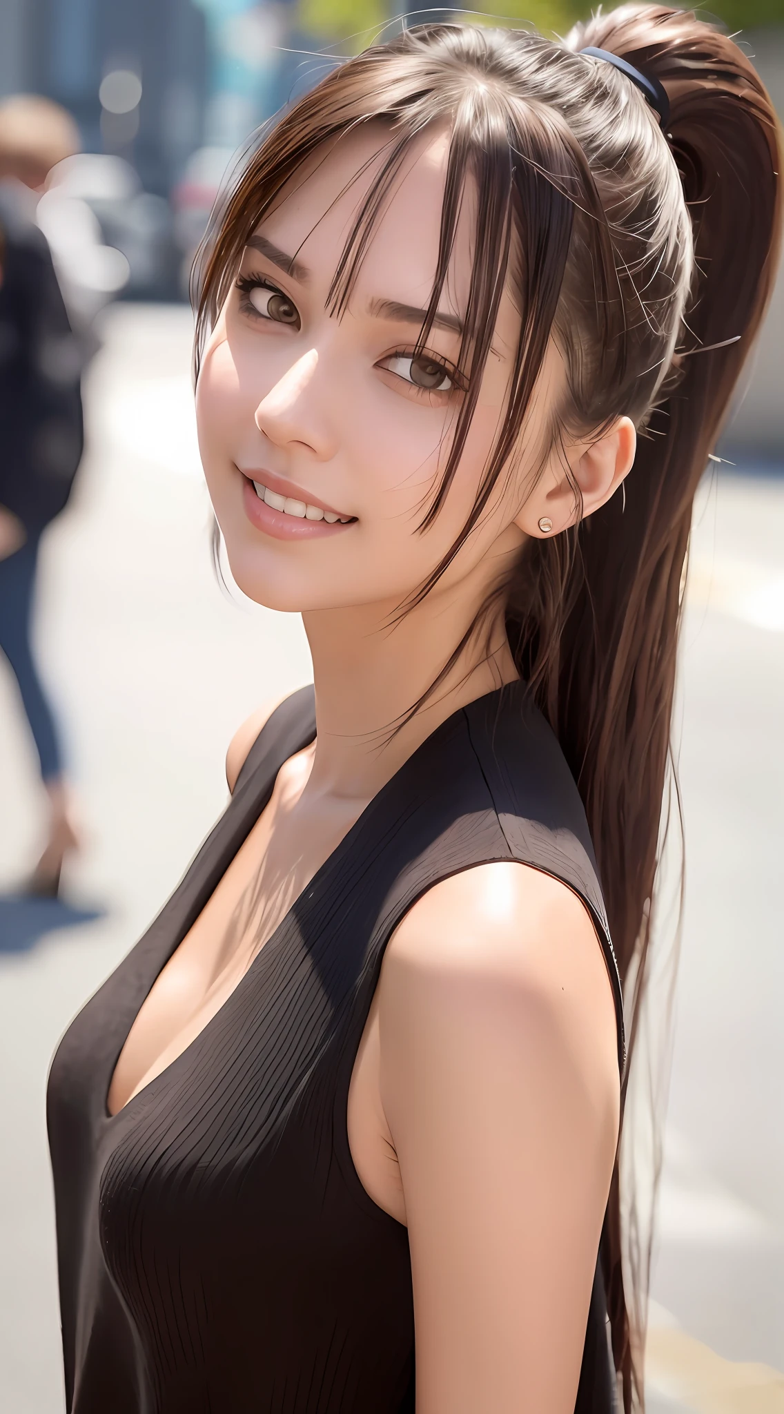 Ponytail, Front, RAW Photo, Camera Gaze, Top Quality, 8k, Masterpiece, Sharp Focus, White Blouse, Pretty Face, Best Smile, Pretty Smile, Beautiful Woman in Perfect Style, Slender, Dark Brown Hair, Natural Light, City Street, Highly Detailed Face and Skin Texture, Detailed Eyes, Double Eyelids
