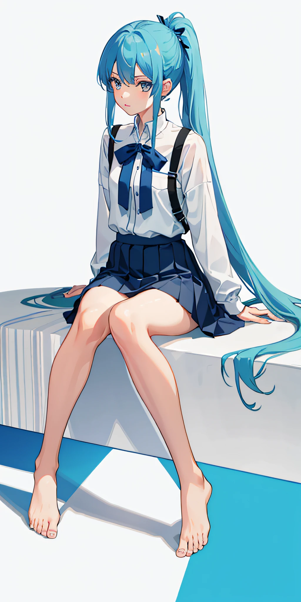 (Best Quality),Girl,1 Person,Delicate Beautiful Face,Five Fingers,Long Blue Hair,Diagonal Ponytail,Shirt,Everyday Clothes,Bare Feet,Skirt,Uniform,