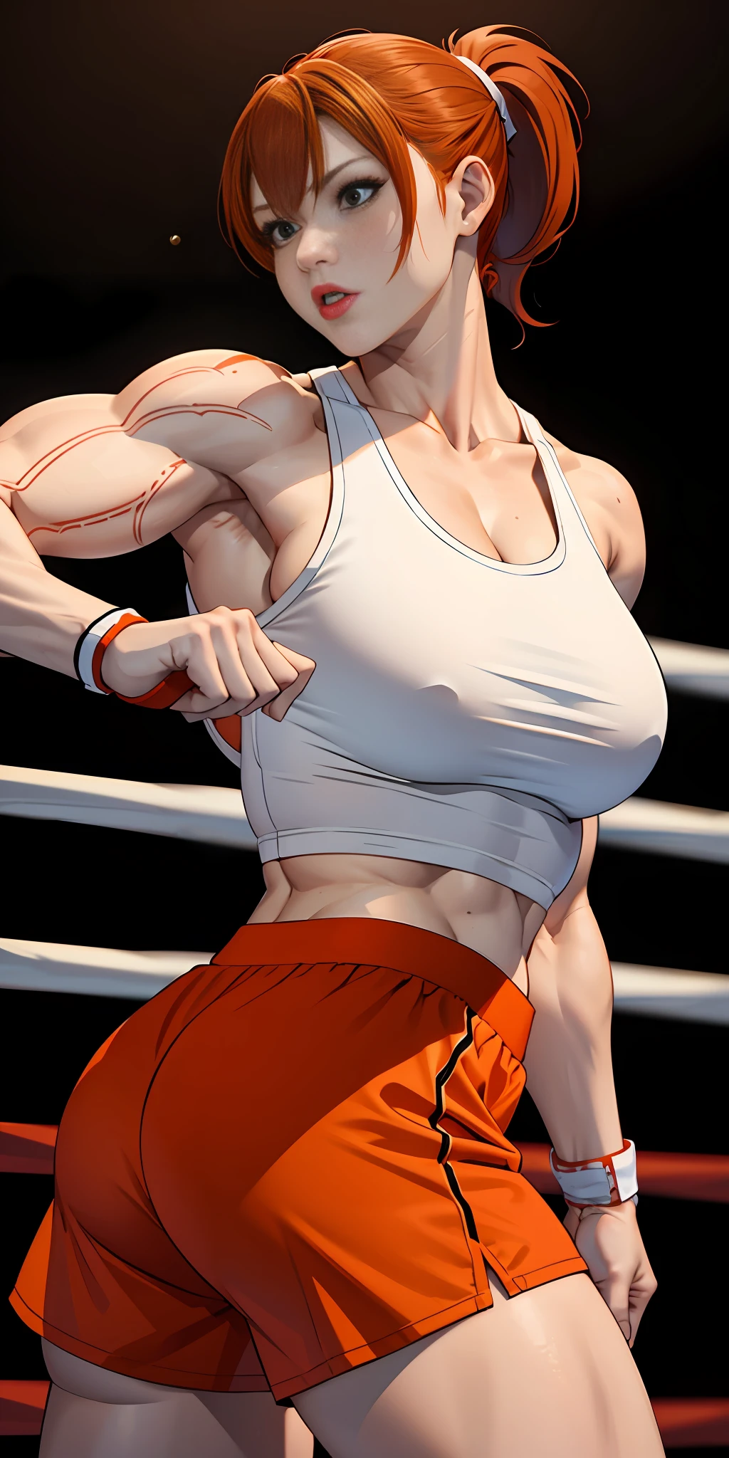 Woman, redhead, adult, lipstick, provocative face, red boxer shorts, white tank top, orange hair (ponytail), muscular, strong arms, big thighs, big ass, small breasts, (background: boxing ring)