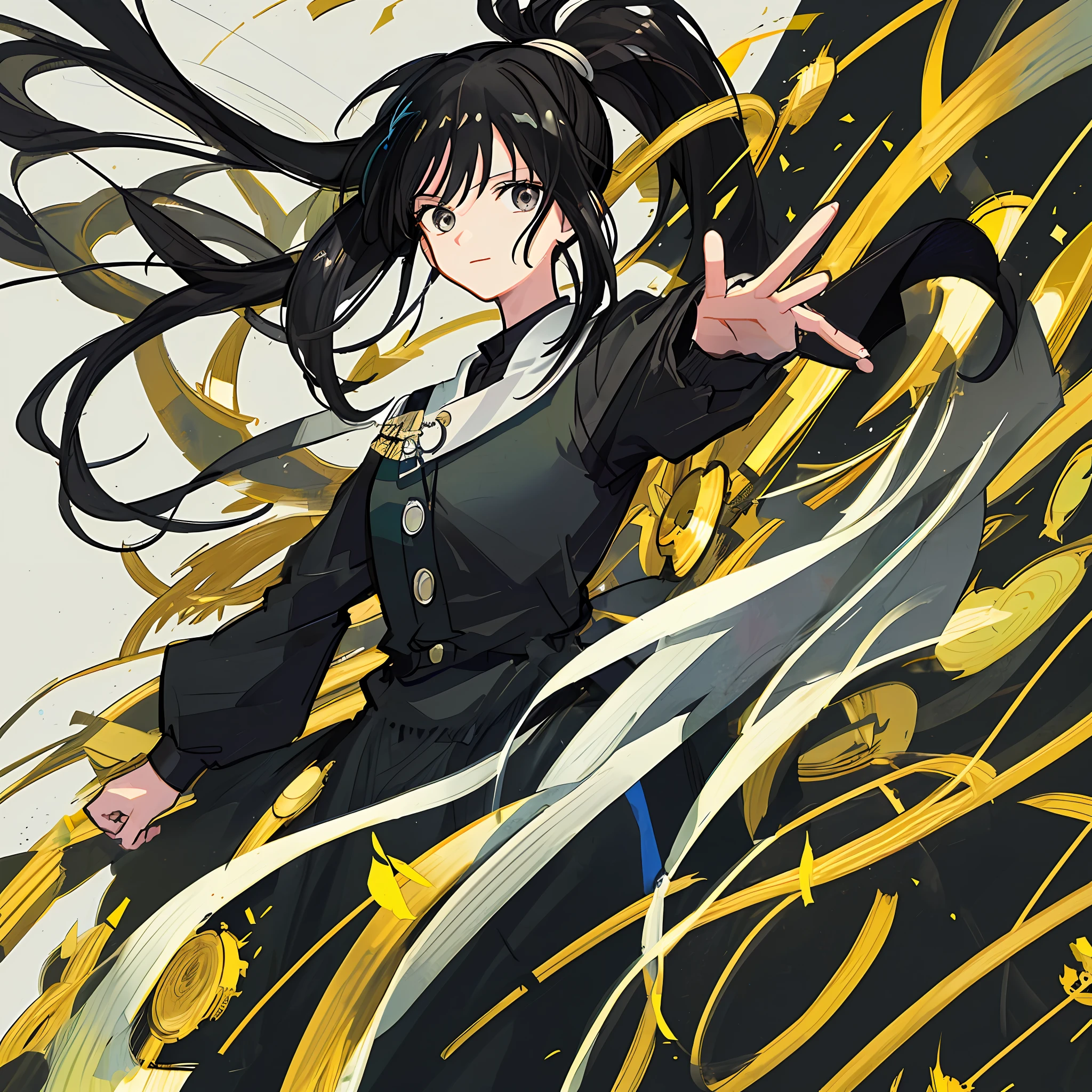 (Masterpiece), (Best Quality), (Super Detail),(Illustration), 1 Woman, Black Hair, Ponytail Hair, Black Clothing, by Yoshihiro Togashi, Manipulating Black Shadows.