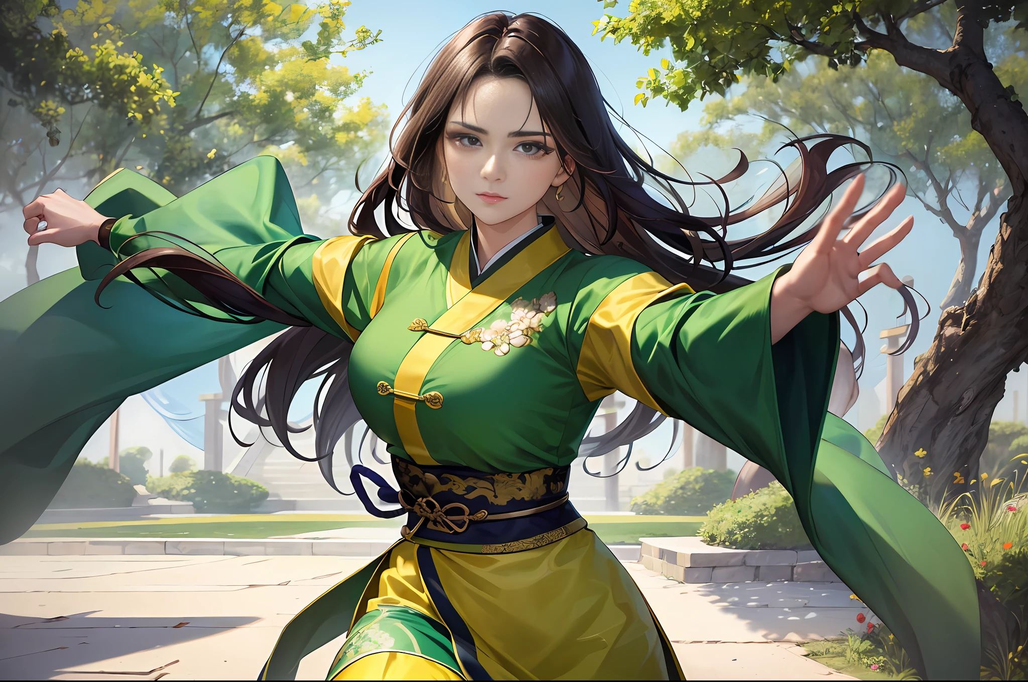 Masterpiece, top quality, best quality, official art, beauty and aesthetics: 1.2) A woman, close-up, standing to watch, looking into the distance, beautiful, green martial arts clothes, standing behind two men, ancient style, martial arts style, Chinese martial arts. Outdoor, super large, martial arts arena, gathering a lot of people,