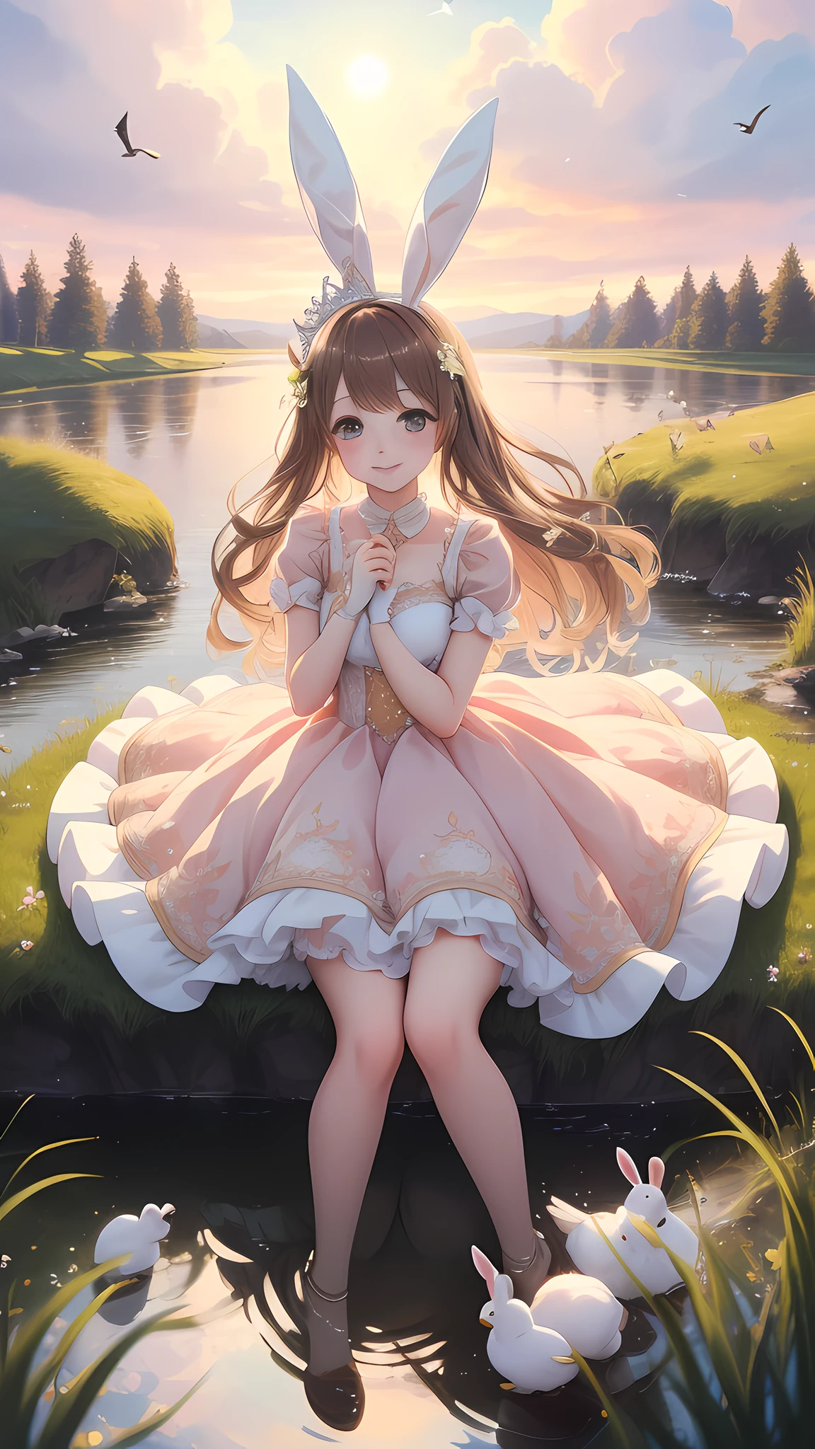 Bunny delicate cute girl, fluffy, soft ((best quality)), ((masterpiece)), ( extreme detail, highest detail, official art, beauty and aesthetics: 1.2), lens stretch, composition, full body, (beautiful and detailed eyes: 1.3), wearing princess dress, (very happy: 1), background grass, river, stream, dusk, burning clouds, birds
