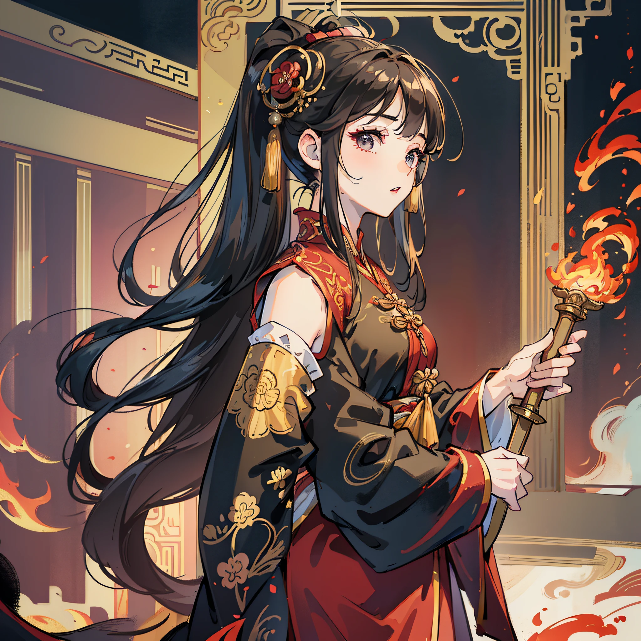(Masterpiece, best quality, very detailed CG, complex details: 1.2),simple_background,fire,1girl,solo,looking at viewer, chinese clothes,hanfu,long hair,detached_sleeves,wide_sleeves,ponytail,hair ornament, skirt,sword,standing,(from side:1.4), hanfu tang,loong,. --auto --s2