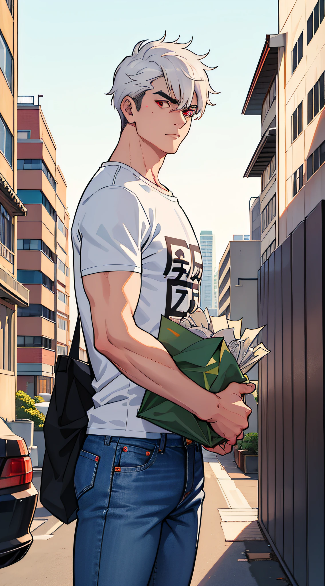 Street view high-rise, commissary, boy carrying a wad of bills a large pile of bills, a wad of money, brows furrowed high quality, best quality, beautiful, hd, realistic, perfect lighting, detailed face, detailed body, 1 man, (white hair), red eyes, masculinity, (savage), black t-shirt, jeans,