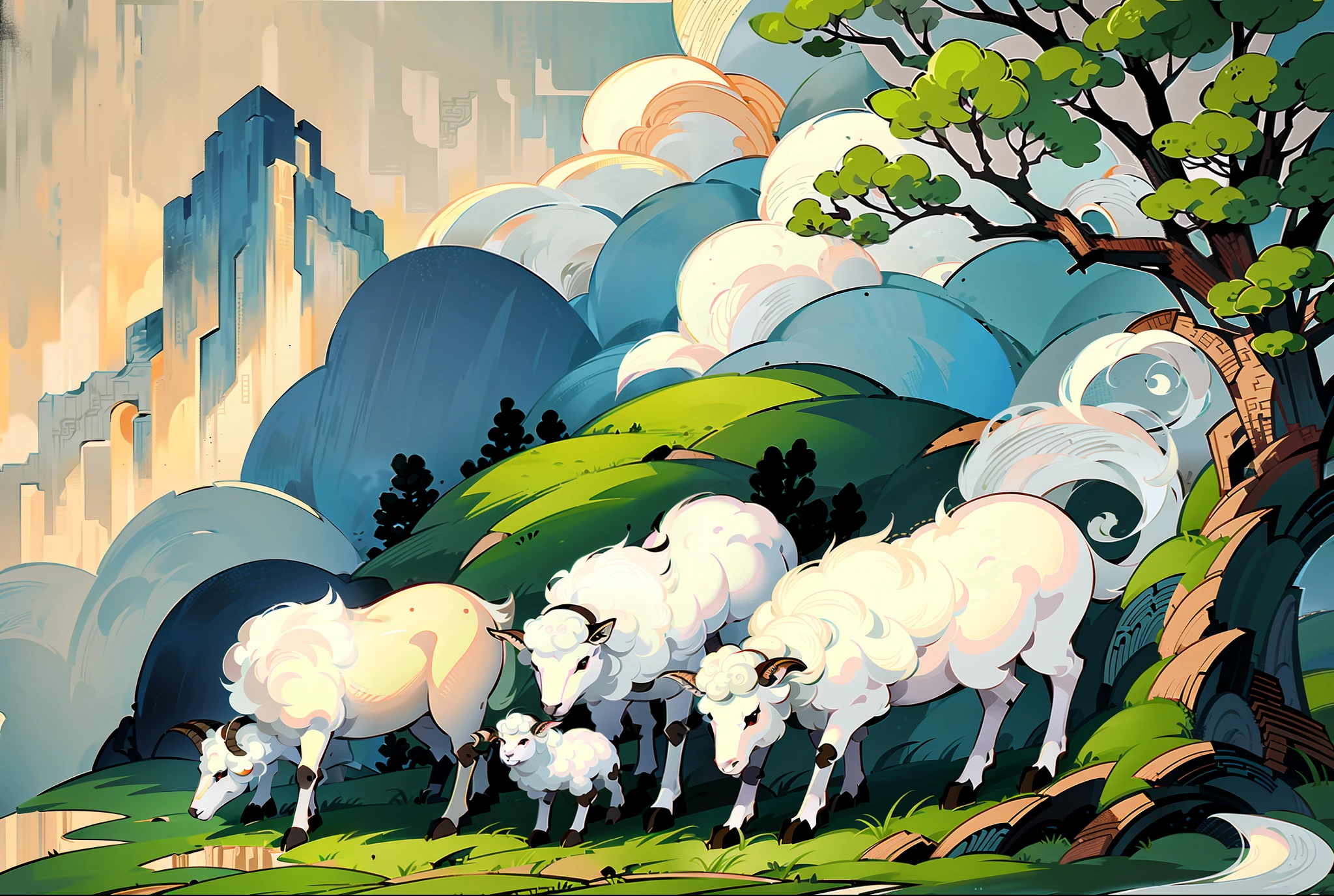 Sheep grazing leisurely on the hillside, characteristics of sheep, white sheep, furry, flickr, modern ink painting, Chinese painting style, traditional Chinese painting, animal painting, Chinese painting, Bo Xunling, ((((ink painting))), Chinese style painting, Chinese ink painting, traditional Chinese ink painting, Chinese ink painting, Sufu
