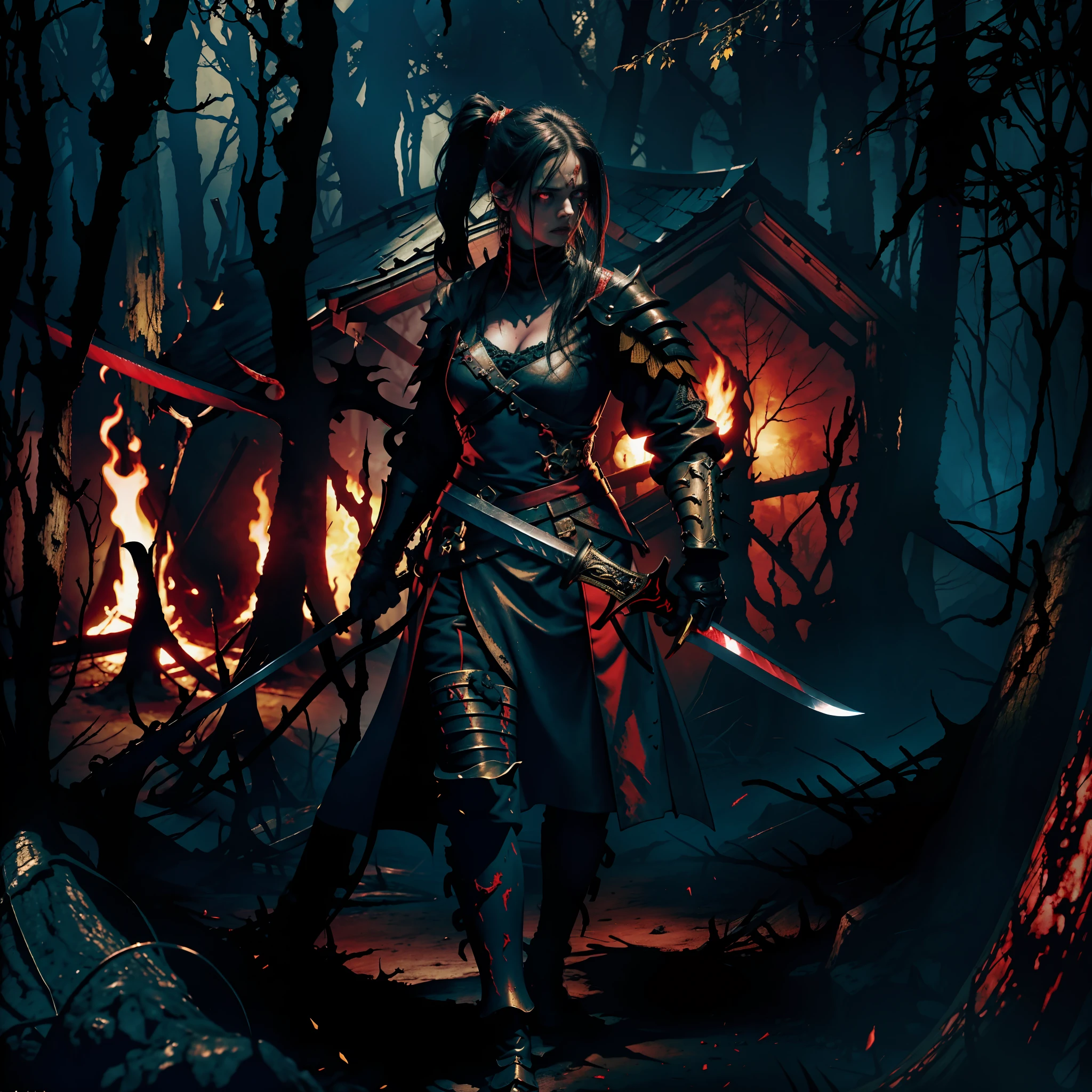 horror art, dread, Best quality, masterpiece, ultra high res, (photorealistic:1.4),, in a decrepit unsettling forest in Hell, creepy, , unnerving, unsettling, terrifying, 80mm, horror lighting, dynamic action, brave girl that has black hair, ponytail, yellow eyes, black and red, samurai armor, holding a sword that's illuminati her a path out of the darkness.