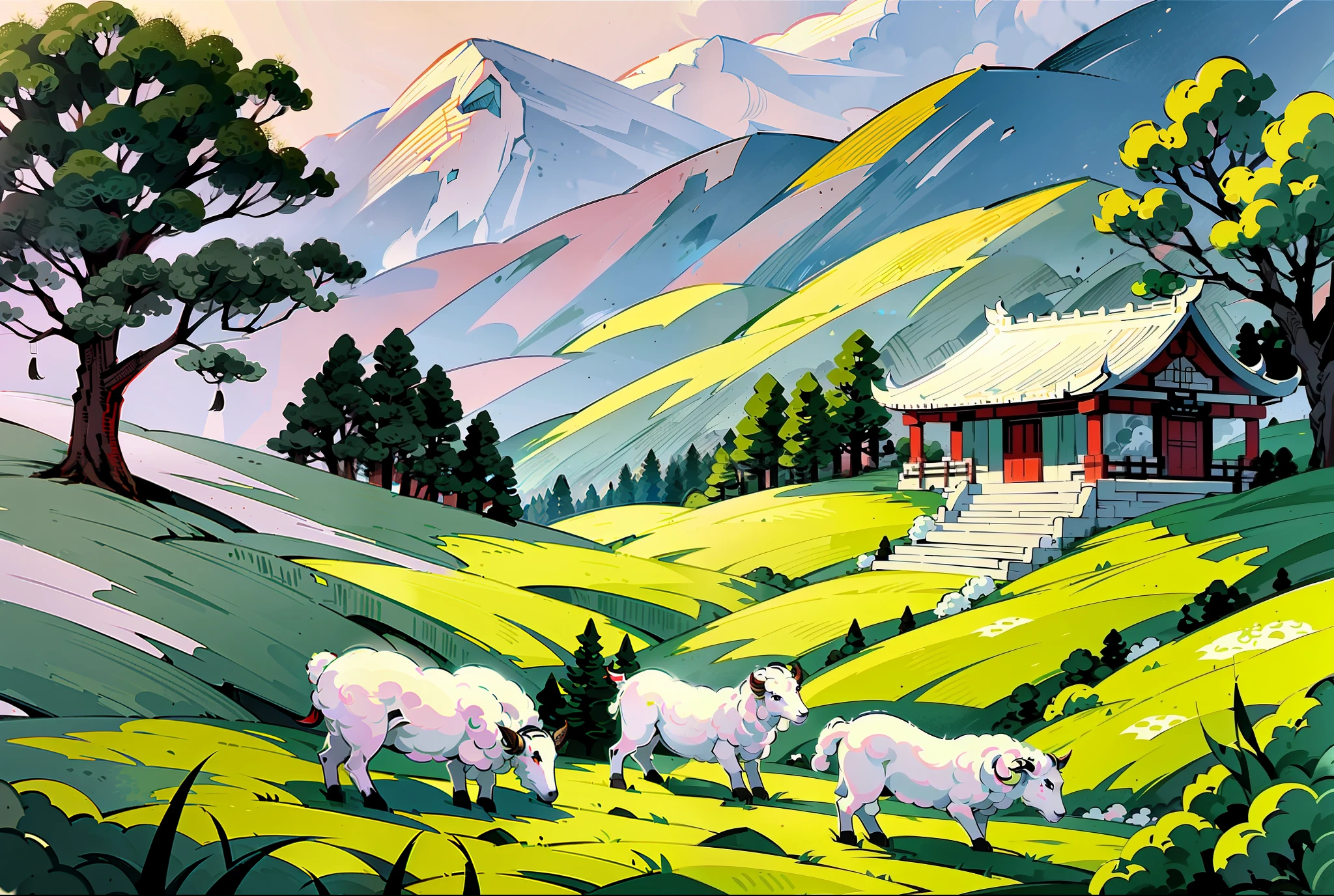 Sheep grazing leisurely on the hillside, characteristics of sheep, white sheep, furry, flickr, modern ink painting, Chinese painting style, traditional Chinese painting, animal painting, Chinese painting, Bo Xunling, ((((ink painting))), Chinese style painting, Chinese ink painting, traditional Chinese ink painting, Chinese ink painting, Sufu