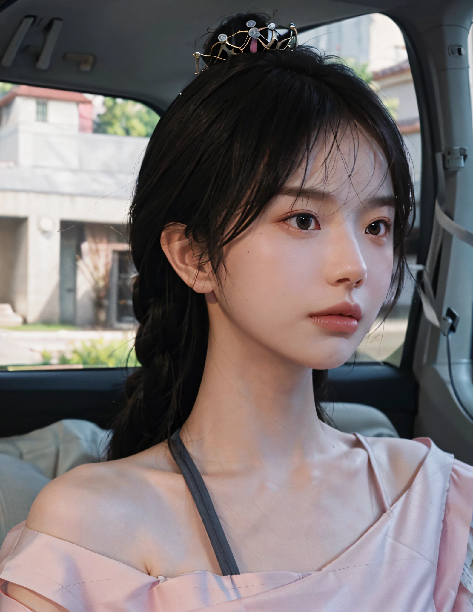 8k, RAW Photo, Best Quality, Masterpiece, High Detail RAW Color Photo, Professional Photo, (Realistic, Photorealistic Photorealism: 1.37), (High Detail Skin: 1.2), High Resolution, Beautiful Detailed Eyes, (Hard Focus: 1.4), (Clear Focus: 1.4), Realistic, (8K UHD: 1.2), Realistic High Quality Shadows, Split Lips, Slender Face, (Wavy Hair), Half Top Knot, Crown Braid, Pink Eye Color, Suggestive Look, (Extreme Facial Close-up) , POV, ((((depth of field))), pale and shiny skin, cropped draped collar top, 30 years old, buruma, roof, bokeh, lens flare, (vignetting: 0.8), dramatic lighting, cinematic lighting, backlighting, professional lighting, physically based rendering, ulzzang-6500-v1.1, pureerosface_v1.