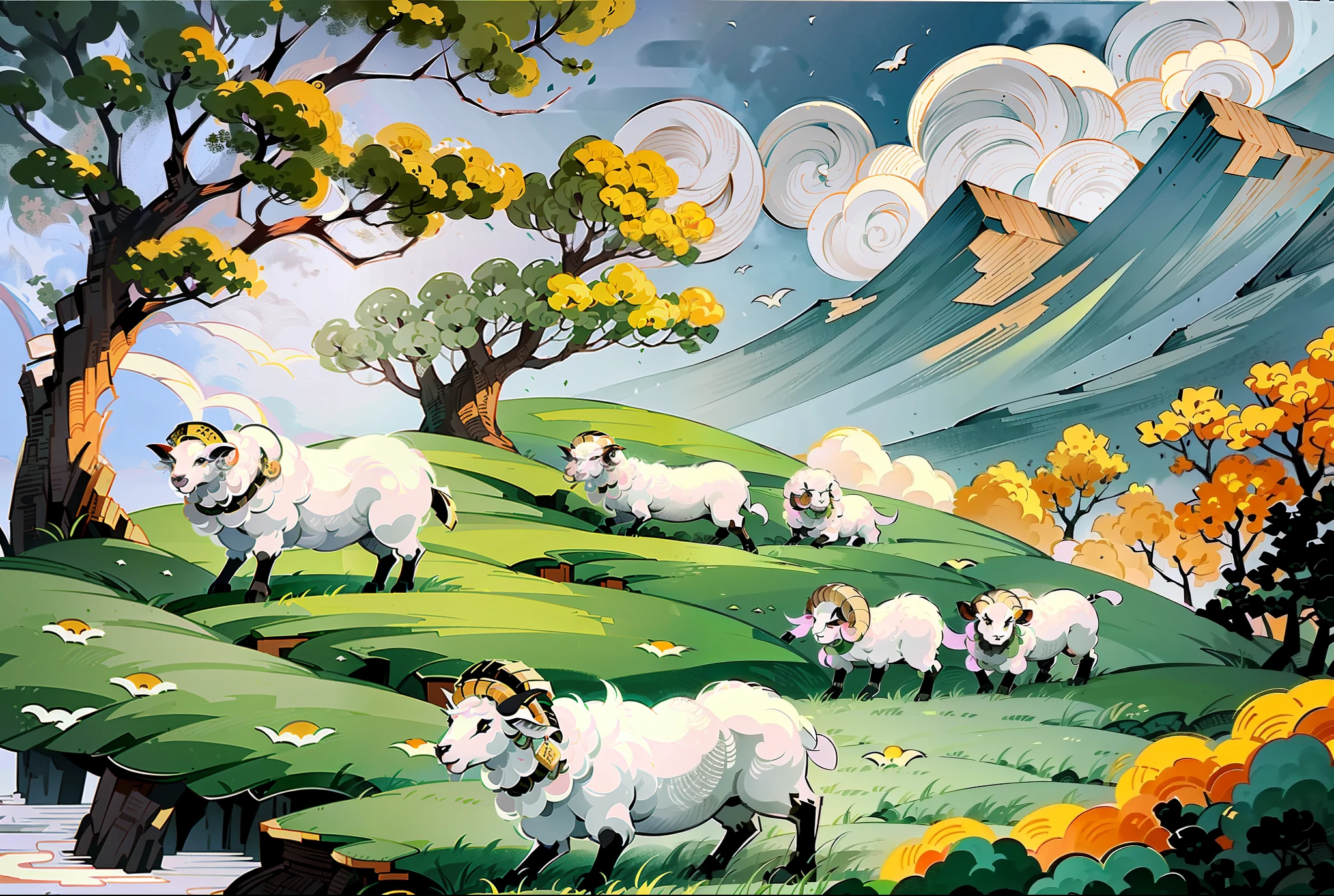 Sheep grazing leisurely on the hillside, characteristics of sheep, white sheep, furry, flickr, modern ink painting, Chinese painting style, traditional Chinese painting, animal painting, Chinese painting, Bo Xunling, ((((ink painting))), Chinese style painting, Chinese ink painting, traditional Chinese ink painting, Chinese ink painting, Sufu
