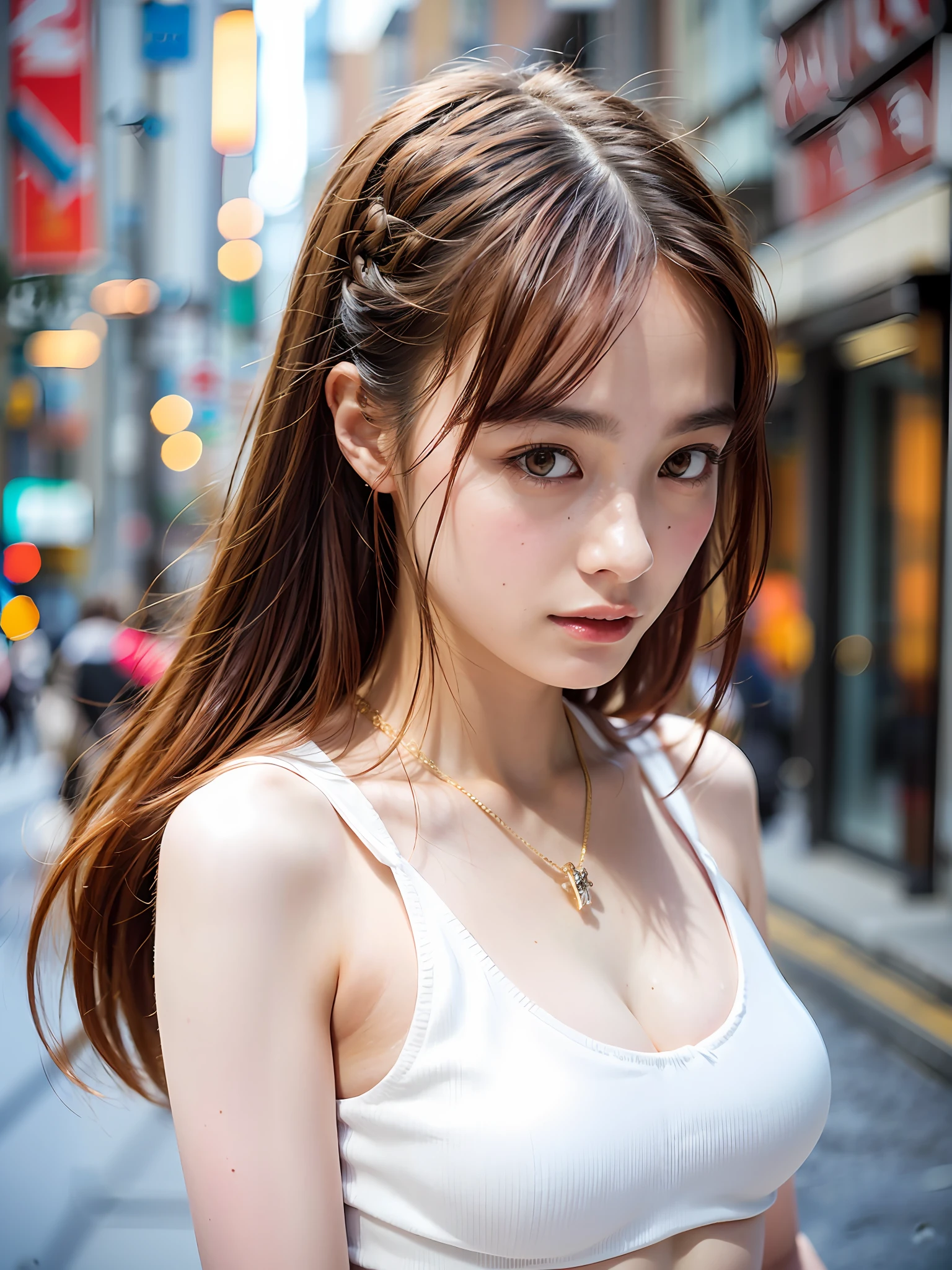 18 year old girl with perfect face and big breasts, cute clothes, slim and slender physique. The skin has detailed and highly detailed eyes (1.1 emphasis), very detailed skin texture (1.1 emphasis). slender necklace, model photo style, photorealistic, skin texture is real human skin texture, detailed skin pores, intricate details, eyes are very detailed, red hair: 2, staring here, smile, best quality, ultra high resolution, (high definition skin: 1.4), (RAW photo, best quality), (realistic, photorealistic: 1.2), street, city, yoga pose
