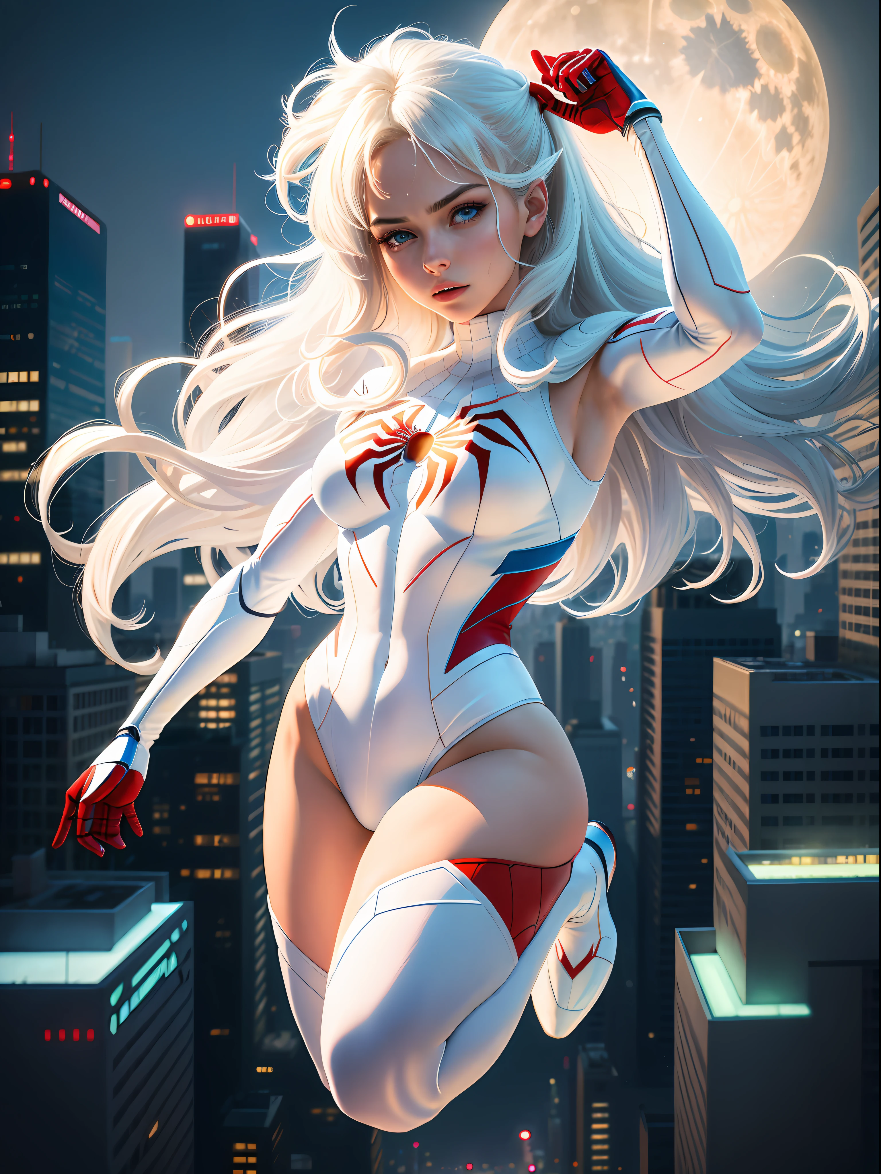 (Masterpiece, 4k resolution, ultra-realistic, very detailed), (White superhero theme, charismatic, there is a girl on top of the city, wearing Spider-Man costume, she is a superhero), [ (( 25 years old), (long white hair:1.2), full body, (blue eyes:1.2), ((Spider-Man pose),show of strength, jumping from one building to another), ((sandy urban environment): 0.8)| (cityscape, at night, dynamic lights), (full moon))] # Explanation: Prompt mainly describes a 4K ultra-high definition painting, very realistic, very detailed. It shows a female superhero on top of the city, wearing a Spider-Man suit. The theme in the painting is a white superhero theme, the female protagonist has long white hair, she is 25 years old, and her whole body is shown in the painting. In terms of portraying the actions of superheroines, spiders are employed