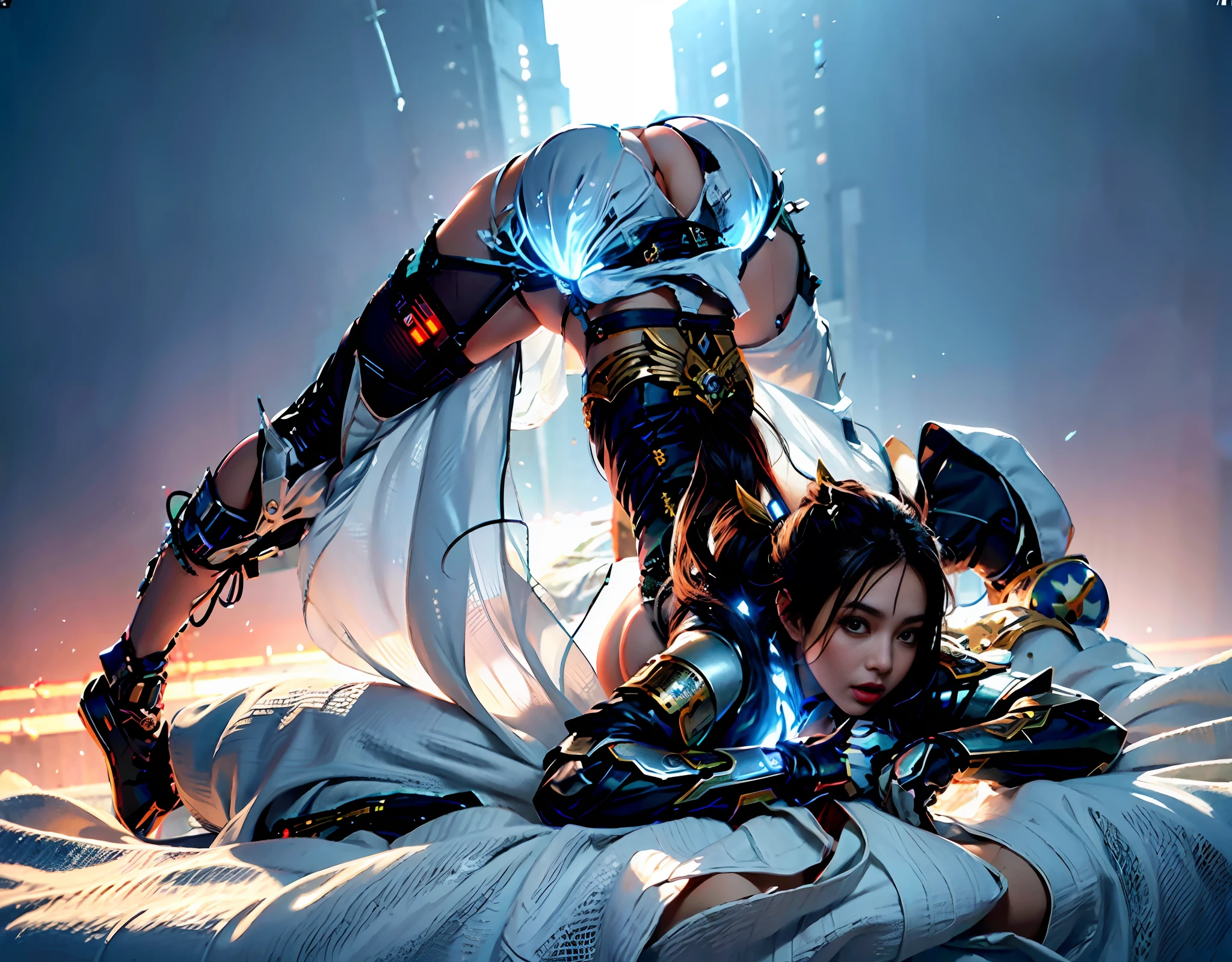 (Best Quality, 8k, 32k, Masterpiece, UHD:1.3), (Photo of Attractive IRELIA
the Blade Dancer), 1 Girl, ((Big Boobs:1.4)), (long wavy hair), Abs, Perfect Body, Ultra Detailed Face, Detailed Lips, Fine Eyes, double eyelids, pajamas, on the bed, (seductive), ((aroused:1.5)), ((areolae slip)), ((in heat)), ((milf)) sexy girl, busty, beautiful asian girl, gorgeous chinese model, jaw-dropping beauty, girl in mecha cyber armor, ferra white mecha, female mecha, mechanized valkyrie girl, beutiful white girl cyborg, armor girl, clothed in sci-fi military armor, scifi woman, in white futuristic armor, gorgeous female paladin, mechanized soldier girl