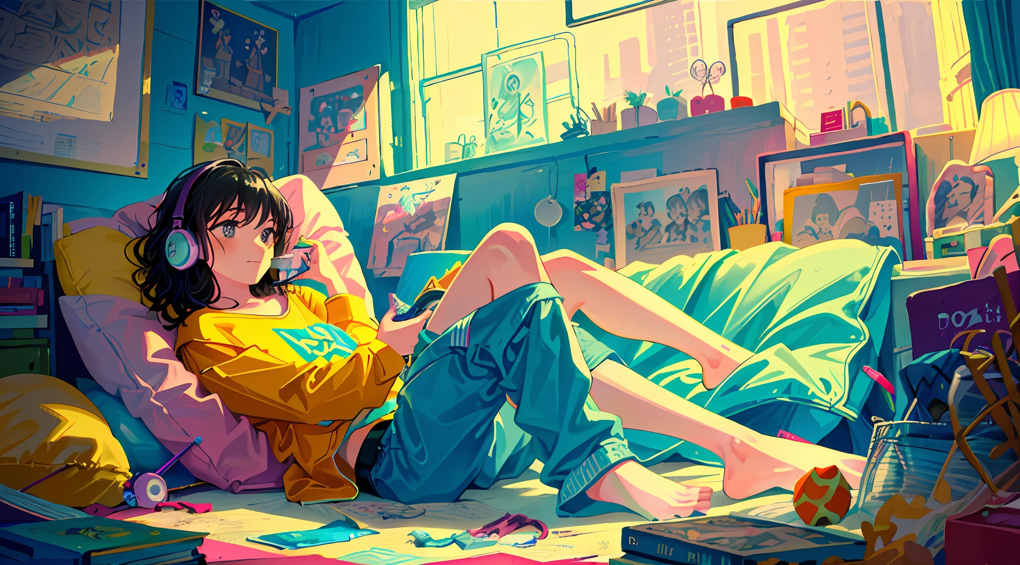 masterpiece, best quality, ultra-detailed, illustration, 2girls, sitting, playful, gaming, messy room, teenage, , lighthearted, cozy, relaxed, cheerful, fondness, love, friendship, cute, touching, computer game, controllers, smiles, joy, laughter, comfortable, slippers, pajamas, messy hair, tousled, disarray, cluttered, toys, posters, pillows, blankets, lamp, desk, chair, cozy atmosphere, night lighting, bright colors, soft pastels, flowers, plants, books, headphones, snacks, soda, energy drinks, manga, novels, plushies, figurines, posters, pictures, posters, wall scrolls, stickers, decorations, bed, blankets, pillows, stuffed animals, cozy blankets, warm blankets, comfortable clothes, casual attire, leisure wear, sweatshirt, sweatpants, shorts, t-shirt, tank top, socks,