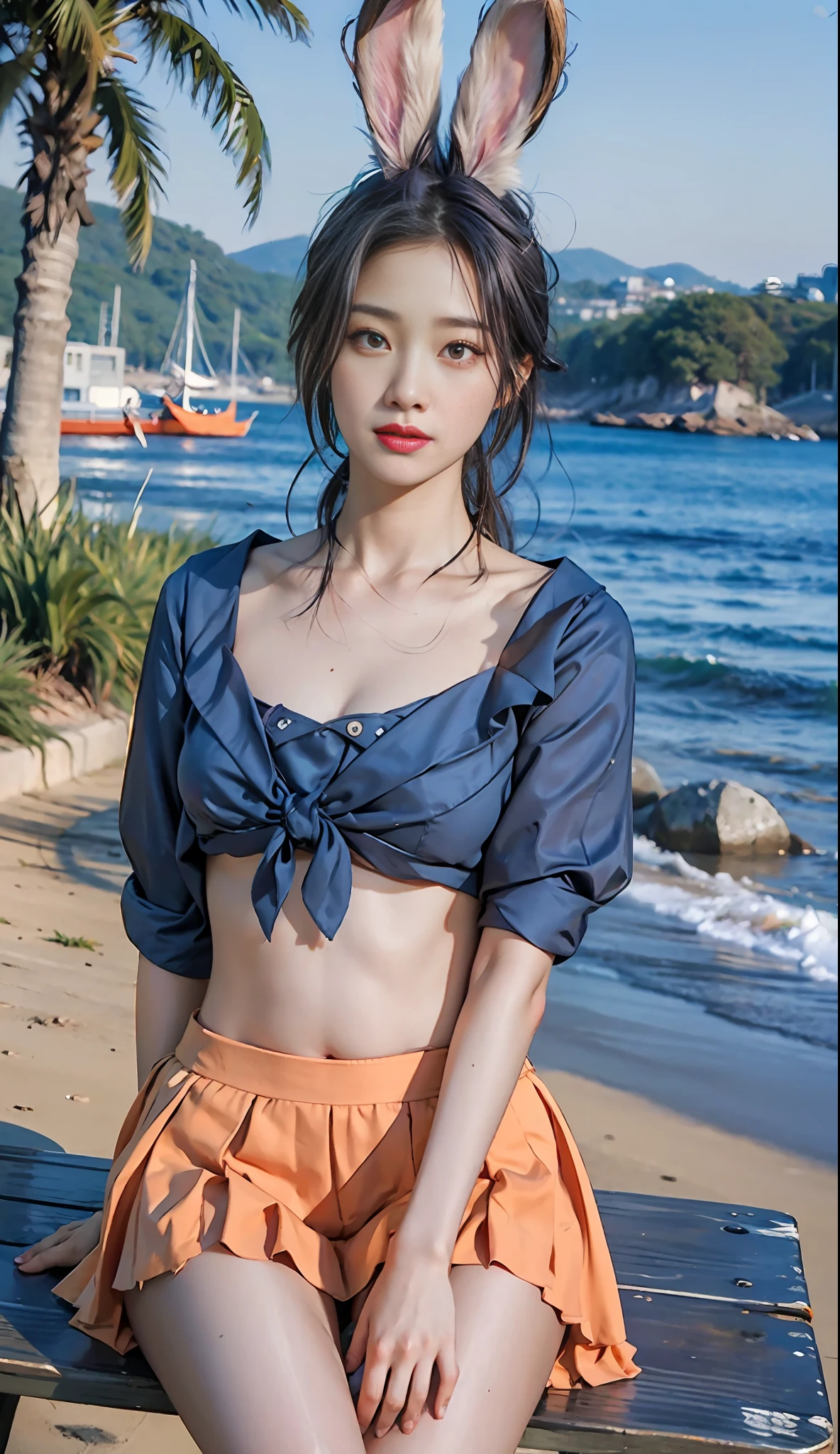 (ulzzang-6500-v1.1:0.67)(raw photo:1.2),((photorealistic:1.4))best quality ,masterpiece, illustration, an extremely delicate and beautiful, extremely detailed ,CG ,unity ,8k wallpaper, Amazing, finely detail, masterpiece,best quality,official art,extremely detailed CG unity 8k wallpaper,absurdres, incredibly absurdres, huge filesize, ultra-detailed, highres, extremely detailed,beautiful detailed girl, extremely detailed eyes and face, beautiful detailed eyes,light on face,cinematic lighting,1girl,looking at viewer, purple hair,rabbit ears, eyewear on head, tied shirt, midriff,(orange skirt),thigh strap,arms behind back,sitting, blue sky,ocean,bench,