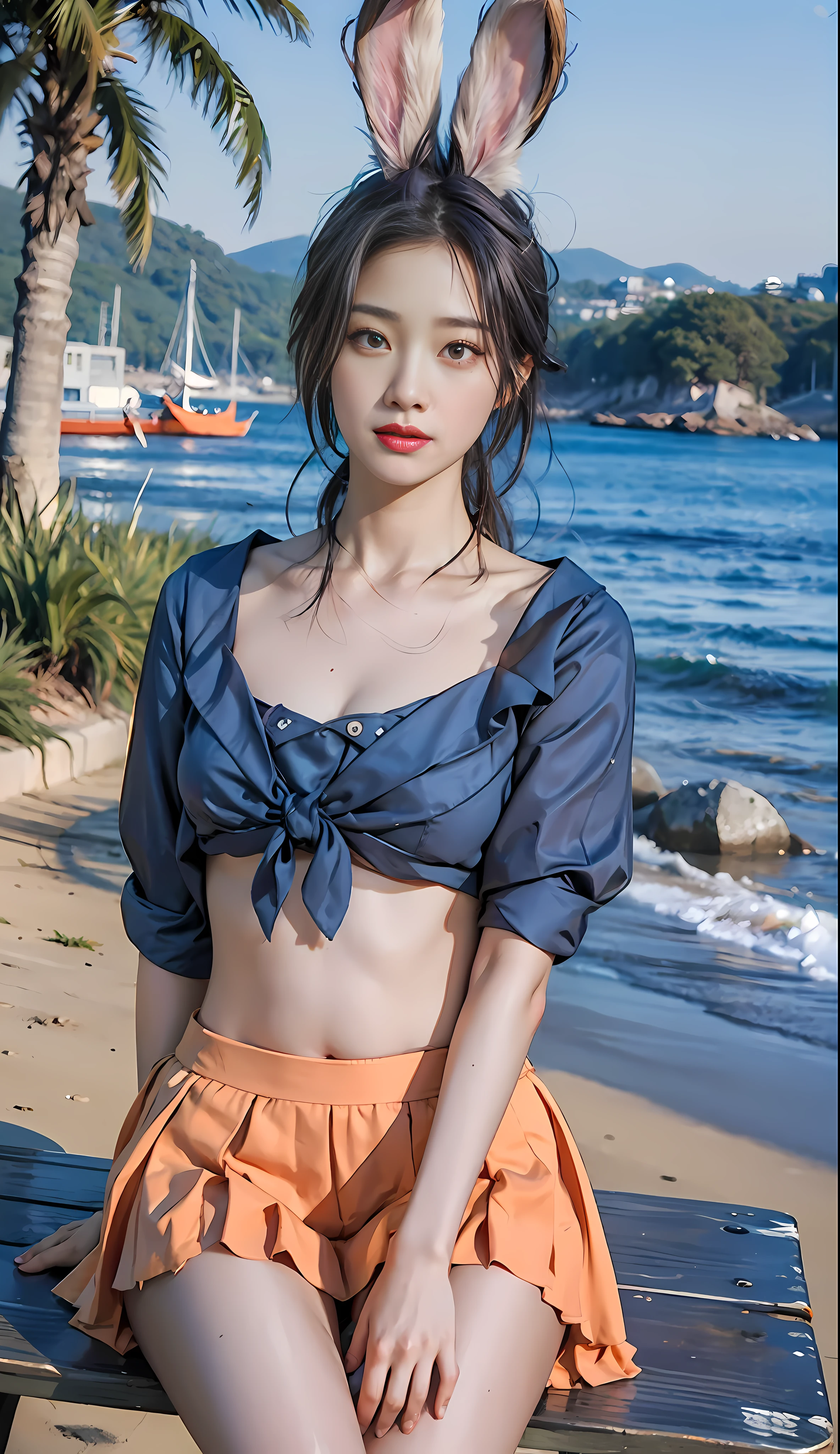 (ulzzang-6500-v1.1:0.67)(raw photo:1.2),((photorealistic:1.4))best quality ,masterpiece, illustration, an extremely delicate and beautiful, extremely detailed ,CG ,unity ,8k wallpaper, Amazing, finely detail, masterpiece,best quality,official art,extremely detailed CG unity 8k wallpaper,absurdres, incredibly absurdres, huge filesize, ultra-detailed, highres, extremely detailed,beautiful detailed girl, extremely detailed eyes and face, beautiful detailed eyes,light on face,cinematic lighting,1girl,looking at viewer, purple hair,rabbit ears, eyewear on head, tied shirt, midriff,(orange skirt),thigh strap,arms behind back,sitting, blue sky,ocean,bench,
