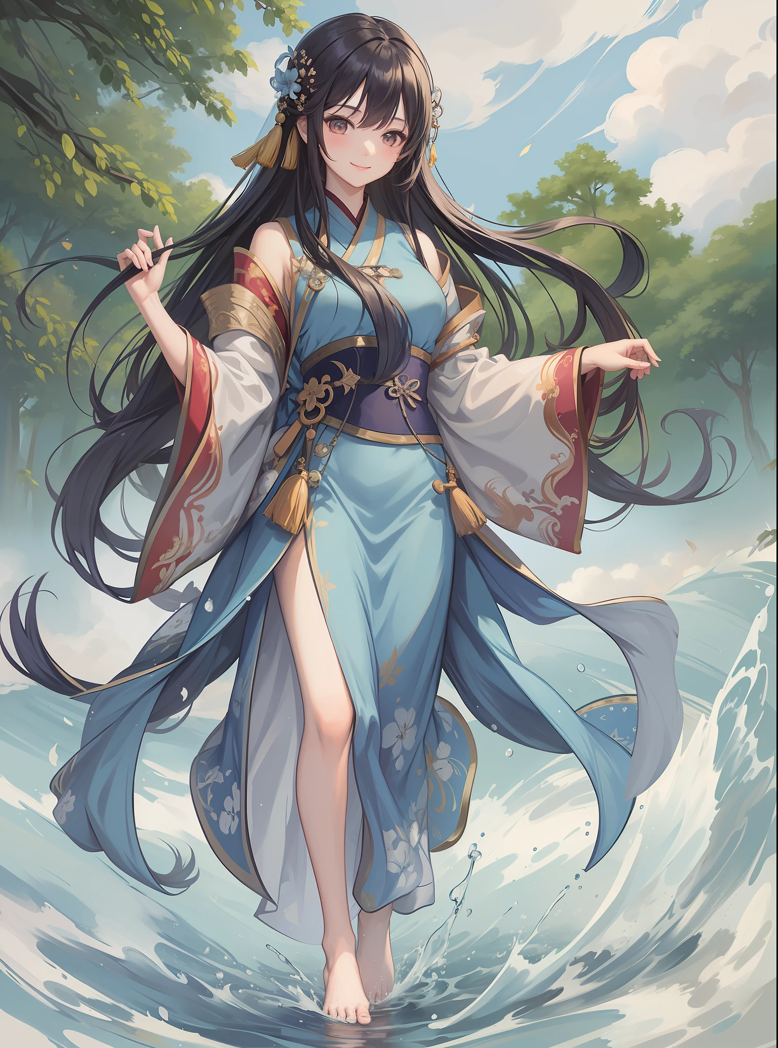 ((4k, masterpiece, best quality)), shuimobysim, Chinese painting, hanfu, maxiskit, dress conservatively 1girl, solo, long blue hair, smile, standing, feet in the water, barefoot, windy, hair blown up by high wind
