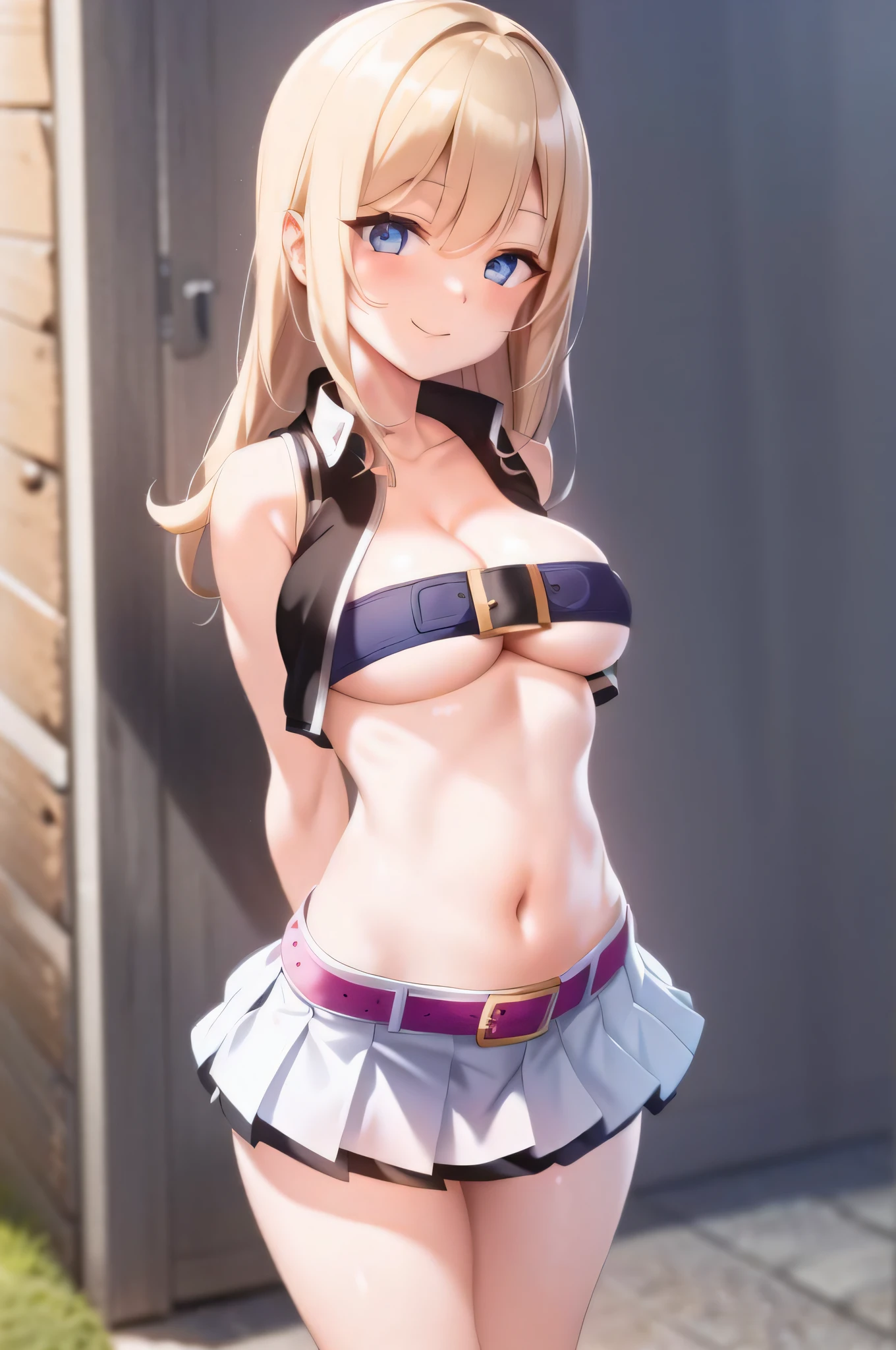 1girl, solo, , smile, blonde hair, blue eyes, outdoors, arms behind back, bandeau, miniskirt, open vest, pleated skirt, belt, cleavagff, navel, beltbra, underboob,