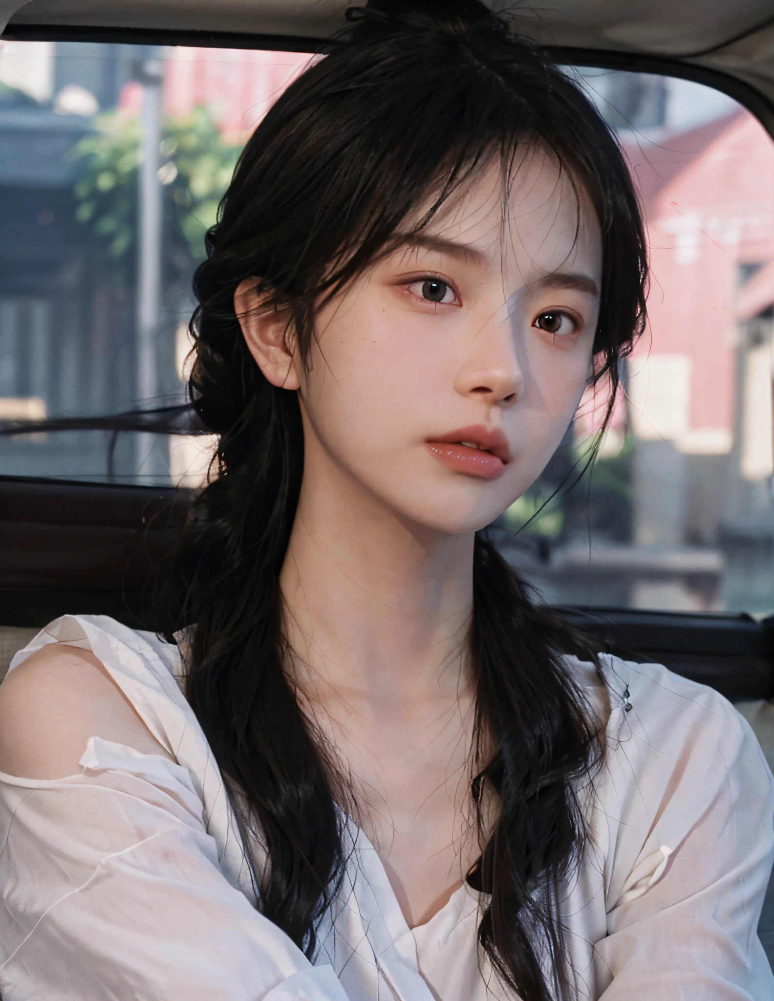 8k, RAW Photo, Best Quality, Masterpiece, High Detail RAW Color Photo, Professional Photo, (Realistic, Photorealistic Photorealism: 1.37), (High Detail Skin: 1.2), High Resolution, Beautiful Detailed Eyes, (Hard Focus: 1.4), (Clear Focus: 1.4), Realistic, (8K UHD: 1.2), Realistic High Quality Shadows, Split Lips, Slender Face, (Wavy Hair), Half Top Knot, Crown Braid, Pink Eye Color, Suggestive Look, (Extreme Facial Close-up) , pov, ((((depth of field))), pale and shiny skin, cropped draped collar shirt, 30 years old, buruma, roof, bokeh, lens flare, (vignetting: 0.8), dramatic lighting, cinematic lighting, backlighting, professional lighting, physically based rendering, ulzzang-6500-v1.1, pureerosface_v1.