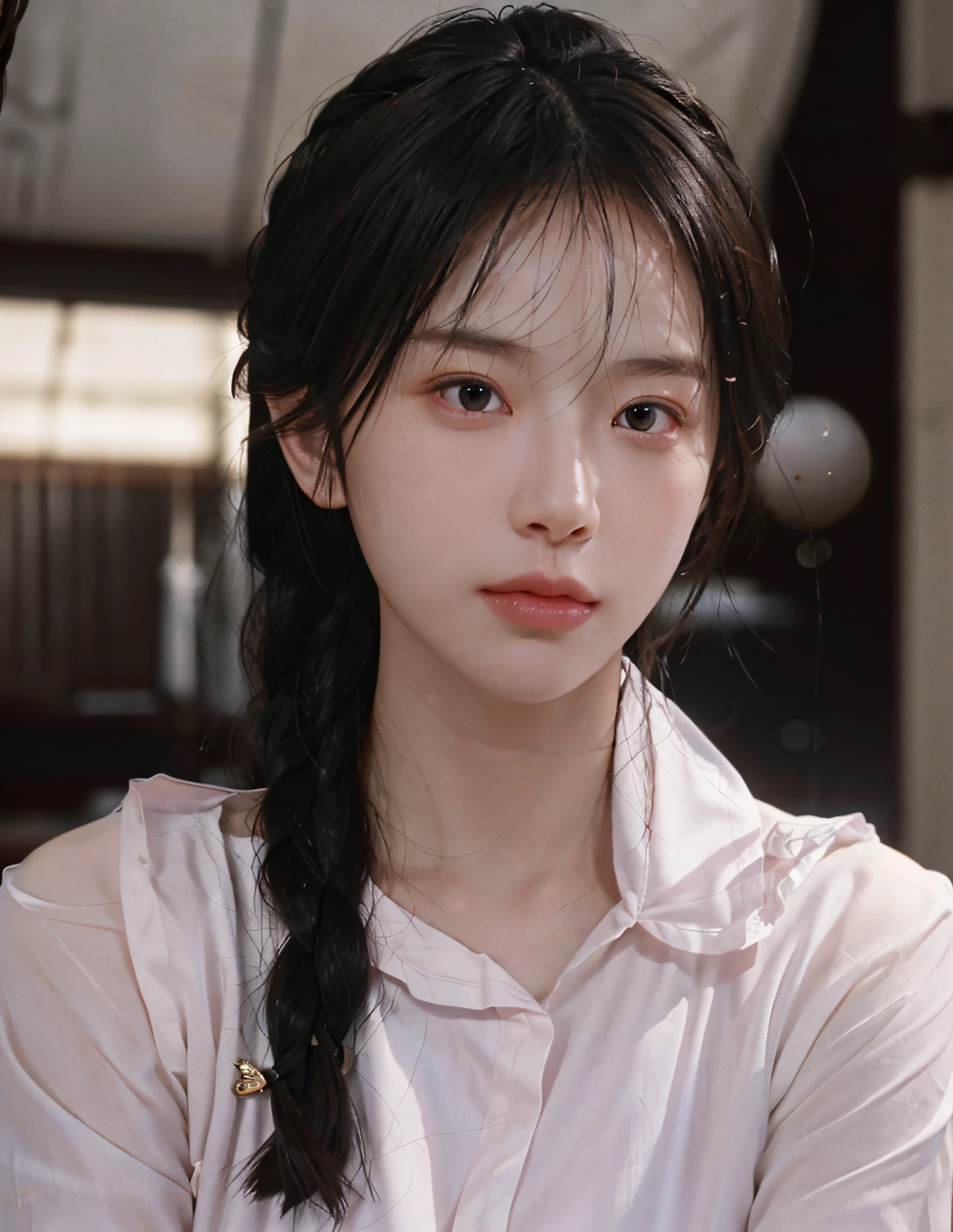 8k, RAW Photo, Best Quality, Masterpiece, High Detail RAW Color Photo, Professional Photo, (Realistic, Photorealistic Photorealism: 1.37), (High Detail Skin: 1.2), High Resolution, Beautiful Detailed Eyes, (Hard Focus: 1.4), (Clear Focus: 1.4), Realistic, (8K UHD: 1.2), Realistic High Quality Shadows, Split Lips, Slender Face, (Wavy Hair), Half Top Knot, Crown Braid, Pink Eye Color, Suggestive Look, (Extreme Facial Close-up) , pov, ((((depth of field))), pale and shiny skin, cropped draped collar shirt, 30 years old, buruma, roof, bokeh, lens flare, (vignetting: 0.8), dramatic lighting, cinematic lighting, backlighting, professional lighting, physically based rendering, ulzzang-6500-v1.1, pureerosface_v1.