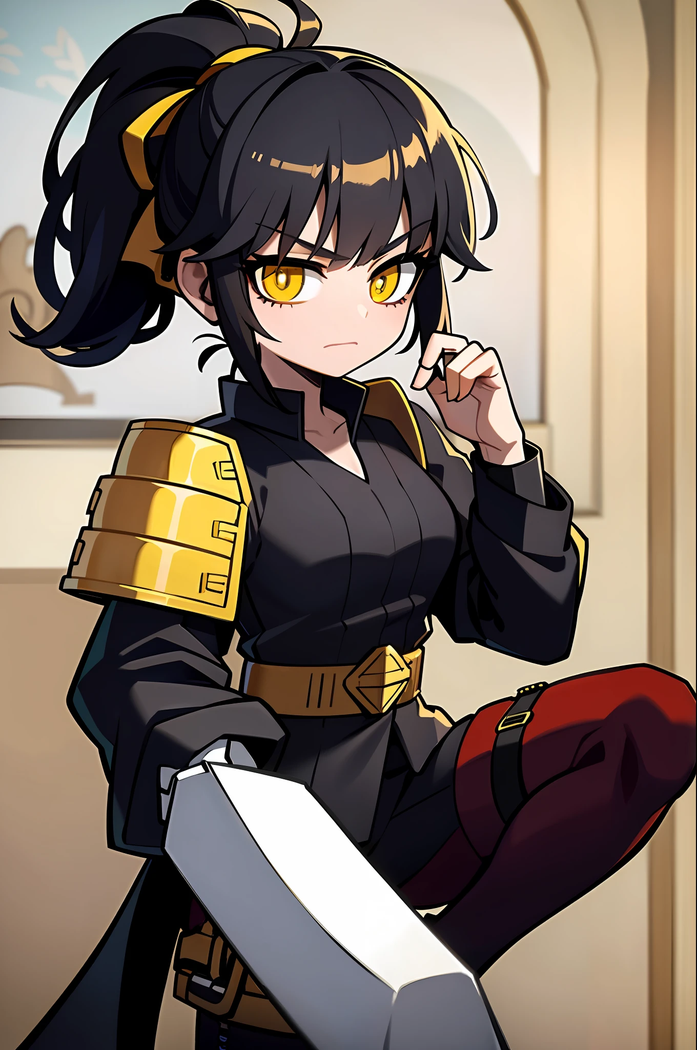 ((masterpiece, best quality)), (1girl), (solo), (female focus),, high fantasy astetic, futuristic fantasy background,  black hair, ponytail, yellow eyes, black and red samurai armor, holding a red Katana, yellow horn