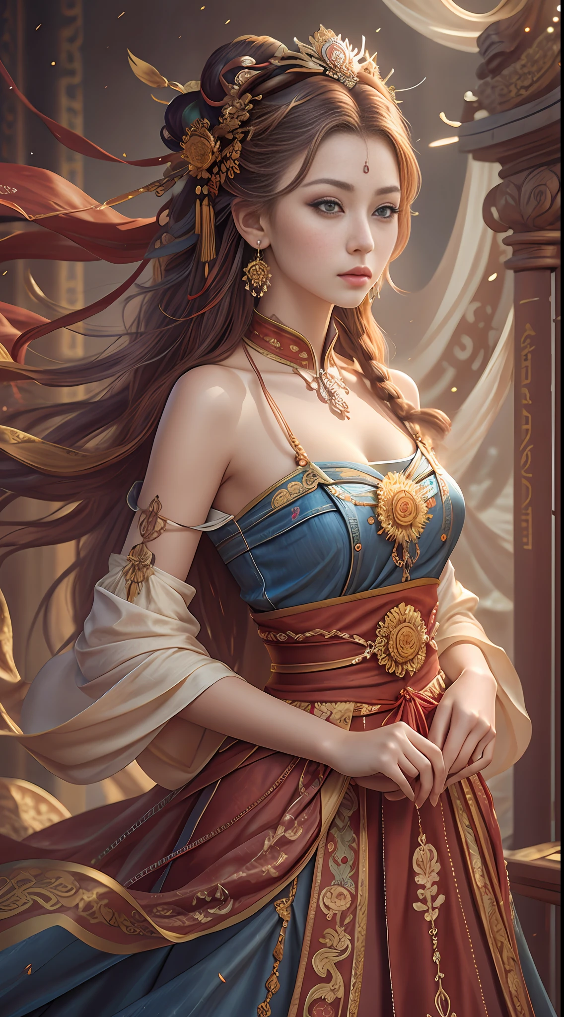 Best quality, masterpiece, ultra-detailed high resolution, (realistic: 1.4), original photos, illustrations,
1 Girl Holding Weapon, (Solo Exhibition: 1.2), (Denim Lens: 1.2), (Hair Crown: 1.2), Chinese Dunhuang Traditional Costume, No Straps, (Red Eyeliner: 1.2), (: 1.4), Earrings, Dynamic Angle, Opera House, messy_long_hair, Ink, Movie Lights, lens_flare, Velvet, Chrysanthemum, Tassels, Ribbons, Color Embroidery,