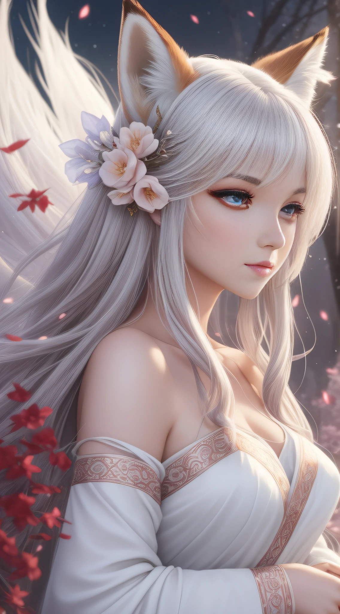With the theme of a beautiful fox spirit, it shows her wearing a white loose costume, lazy movements, a delicate and beautiful face, very attractive eyes, and red eye shadow, which looks charming. Looking at the audience, highlighting her mystery and fairy, using soft colors and rendering, creating a mysterious, romantic atmosphere, 8K. --auto --s2