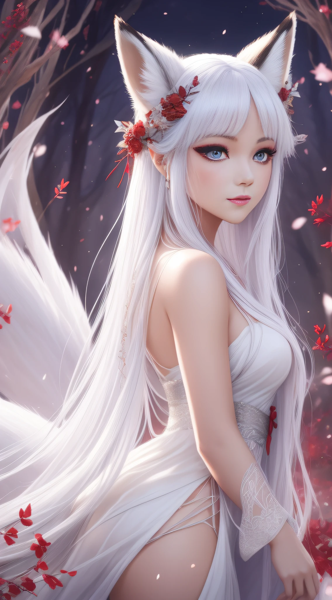 With the theme of a beautiful fox spirit, it shows her wearing a white loose costume, lazy movements, a delicate and beautiful face, very attractive eyes, and red eye shadow, which looks charming. Looking at the audience, highlighting her mystery and fairy, using soft colors and rendering, creating a mysterious, romantic atmosphere, 8K. --auto --s2