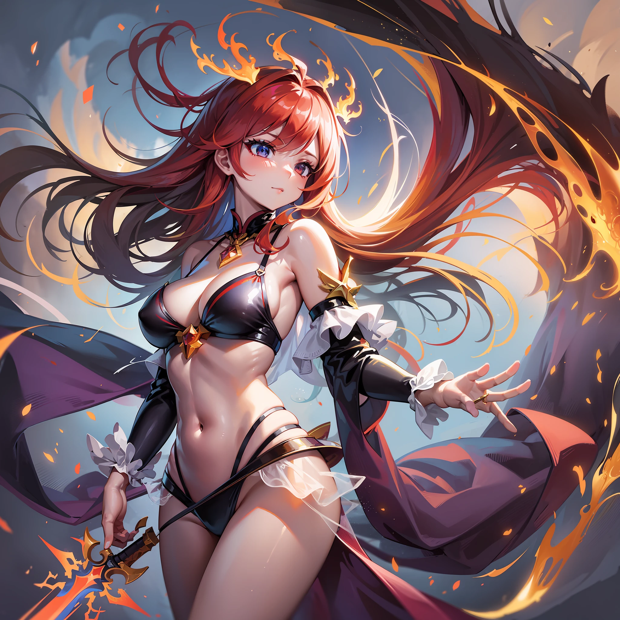 cute girl, swimsuit, flame, phoenix next to it, sword, cute, exquisite, faint fog, wind, aesthetic, fantasy, dream, magic, magnificent imagination, high resolution, super delicate, two-dimensional, masterpiece, best quality