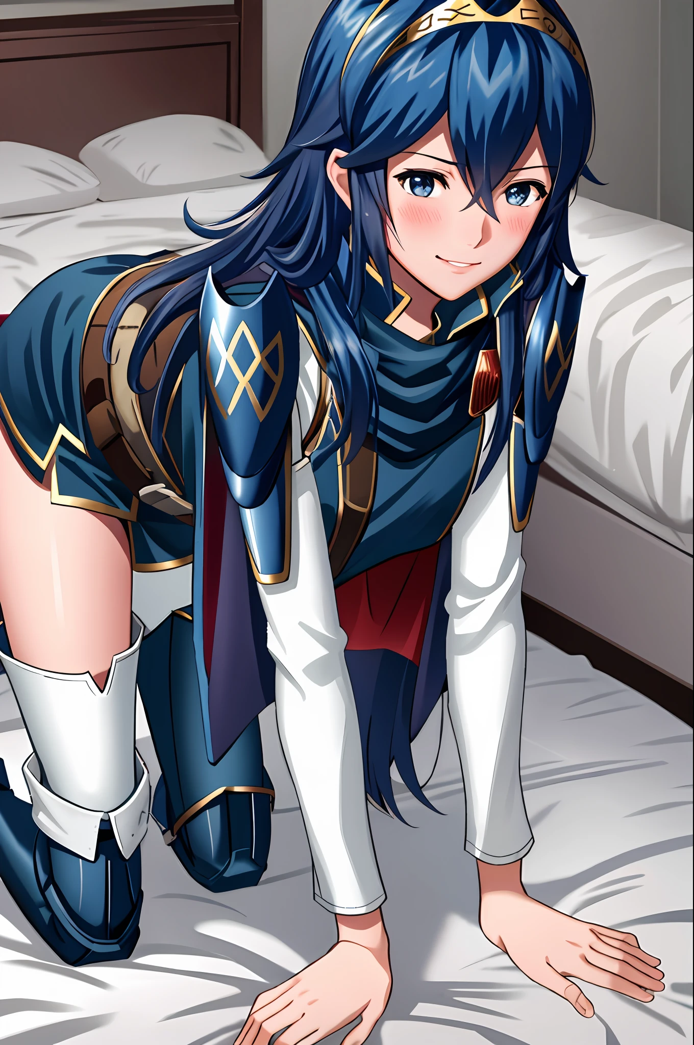 lucina fe, 1girl, solo, looking at viewer, blush, on bed, angry, smile, thigh boots, leggings, armor, shoulder armor, long sleeves, tiara, cape, belt, wariza, bent over, on all fours