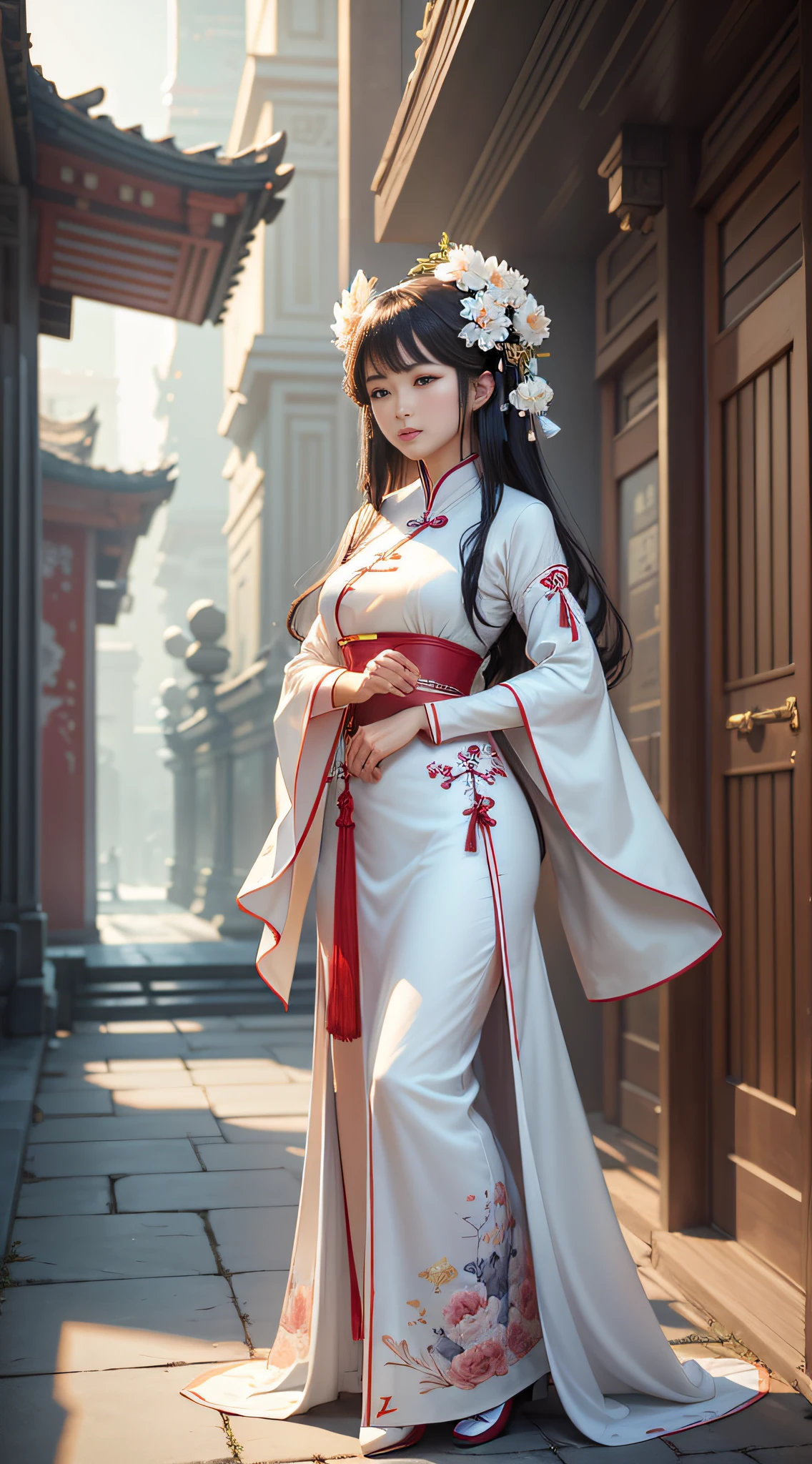 Asian woman in white dress standing in front of a building, popular on CGSTATION, beautiful digital artwork, Pan Chengwei on Artstation, CGex and Bonghua Zhong, palace, girl in Hanfu, movie. Full body, close-up, by Leng Jun, Guvez style artwork, Yang J, Ross Chen 8 K --auto --s2